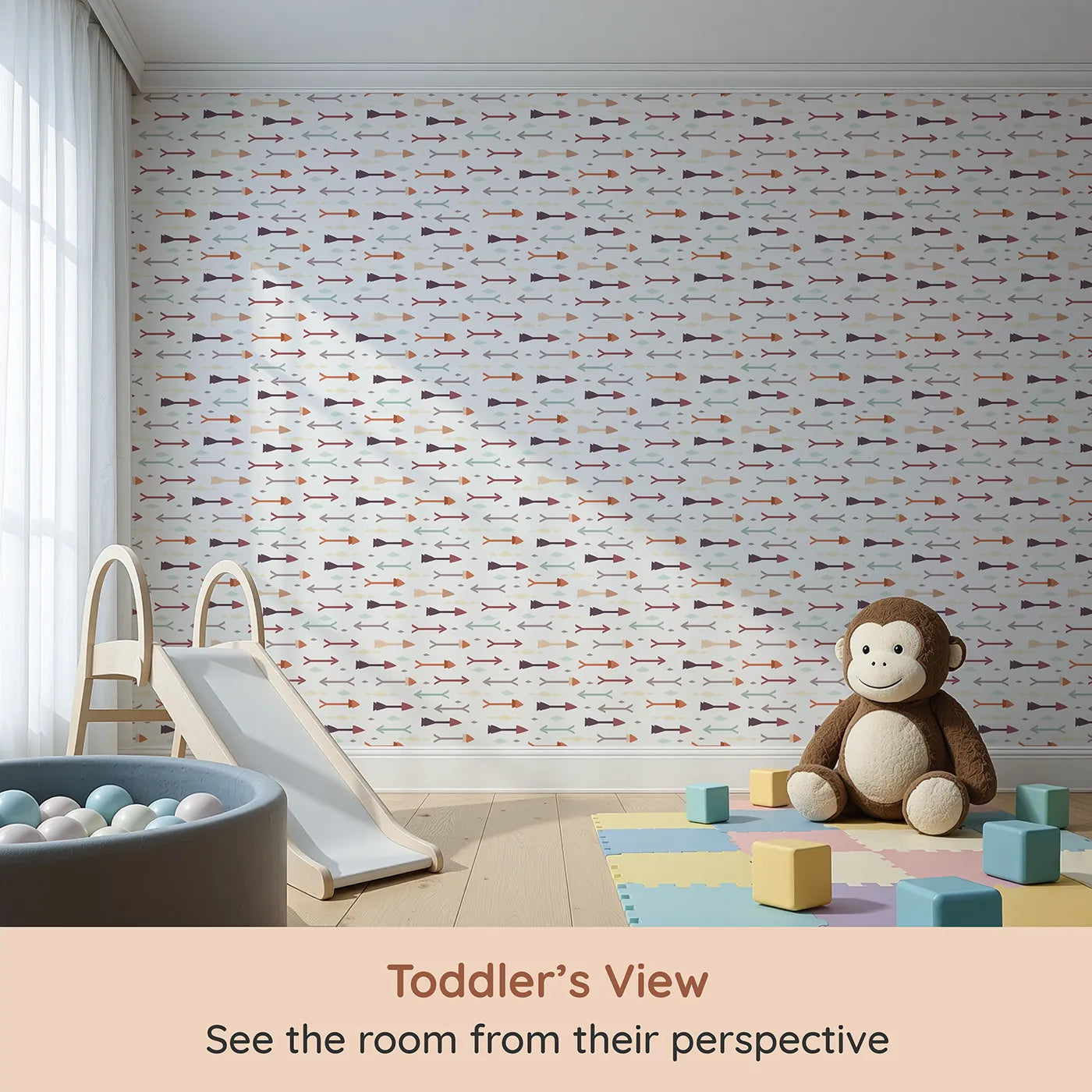 Whimsy Tots Boho Arrow Trail Wallpaper in Cream White (W3154A) from your child's view.Simple tribal arrows form a playful rhythm across a soft cream sky.