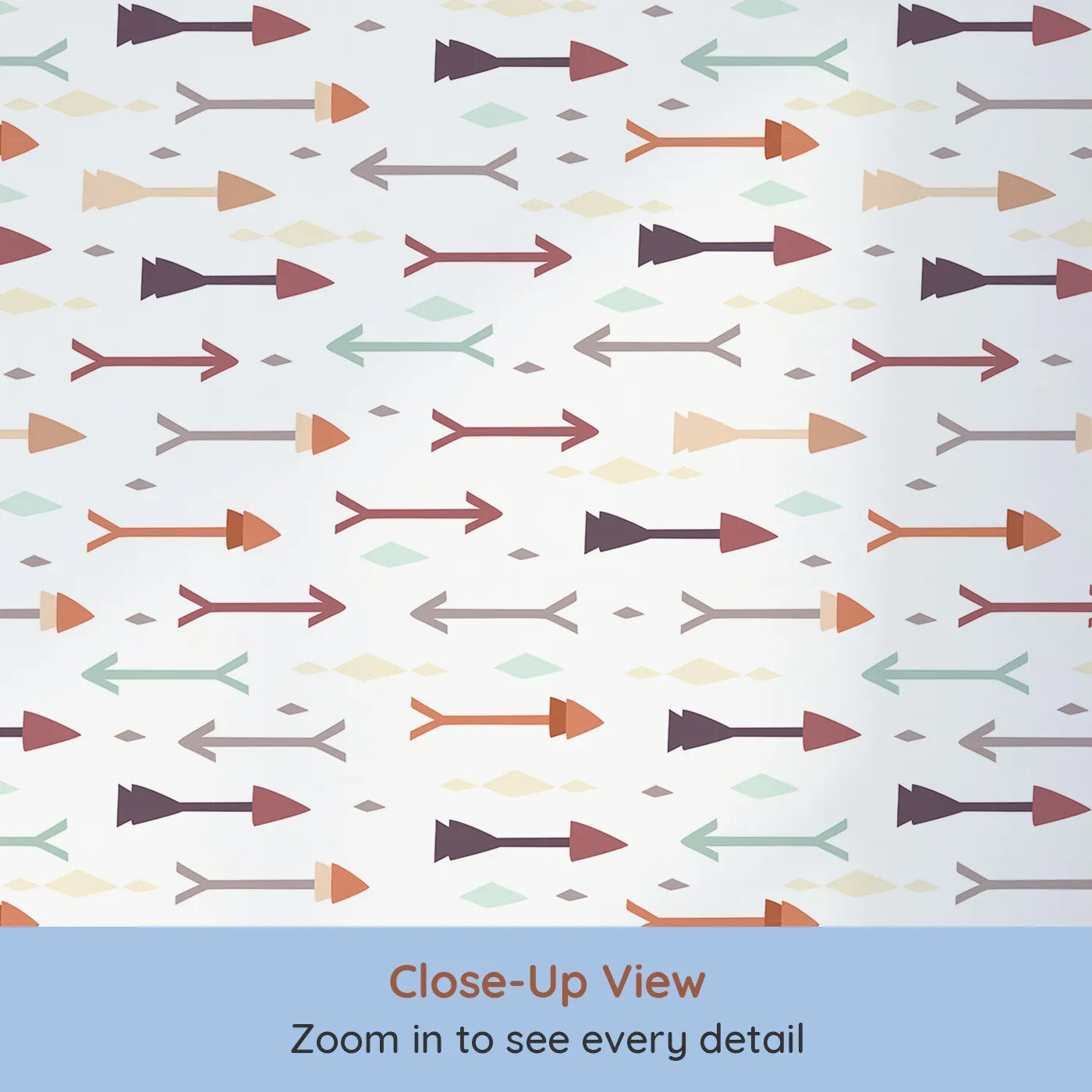Close-up view of Whimsy Tots' Boho Arrow Trail Wallpaper in Cream White (W3154A).Simple tribal arrows form a playful rhythm across a soft cream sky.