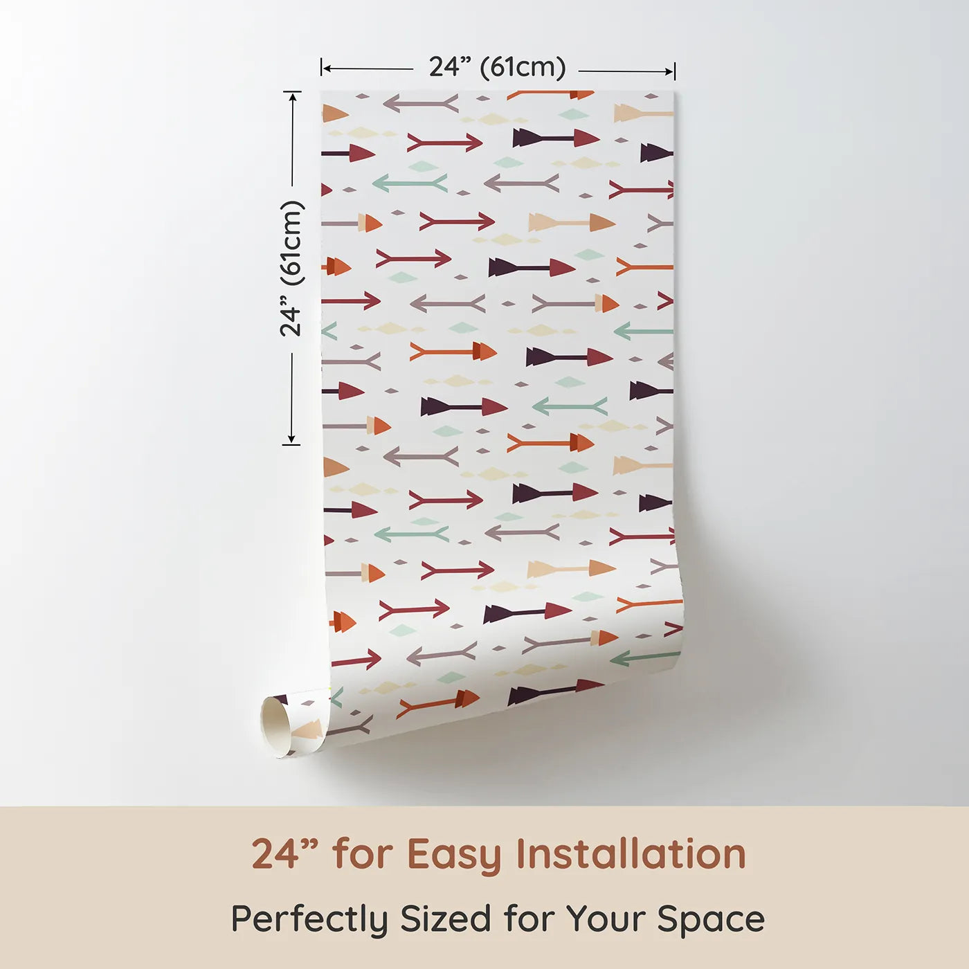 Dimension view of Whimsy Tots Boho Arrow Trail Wallpaper in Cream White (W3154A). Printed in 24-inch-wide panel for easy installation. Simple tribal arrows form a playful rhythm across a soft cream sky.