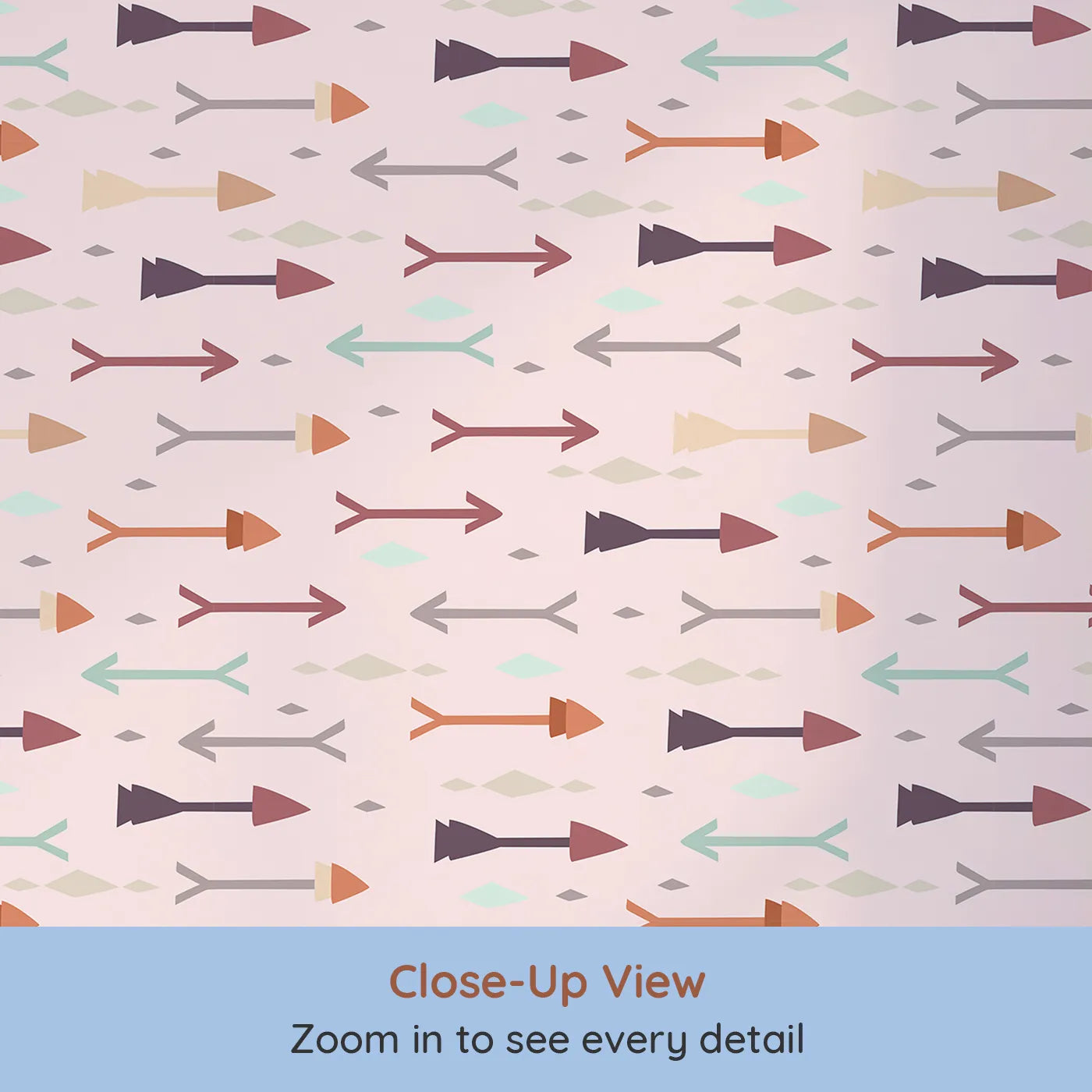 Close-up view of Whimsy Tots' Boho Arrow Trail Wallpaper in Blush Pink (W3154B).Playful arrows and gentle diamonds drift across a blush pink field.