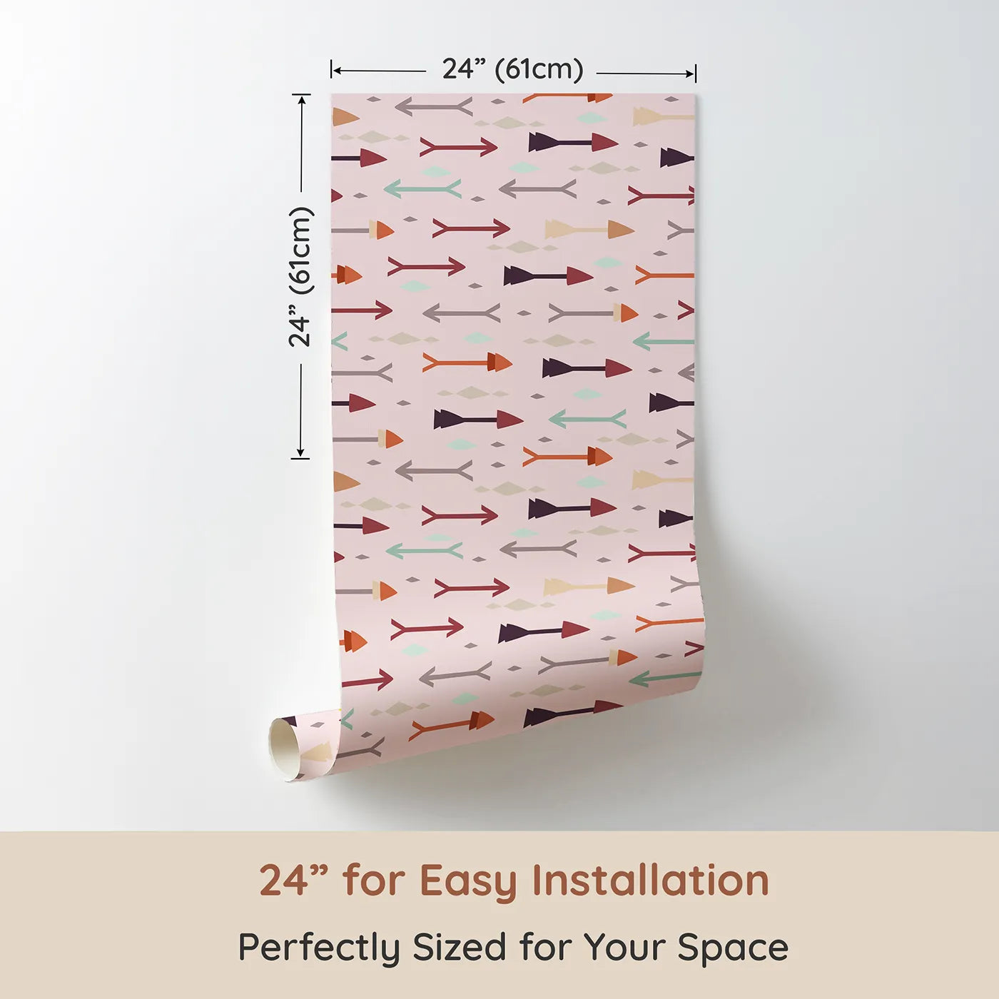 Dimension view of Whimsy Tots Boho Arrow Trail Wallpaper in Blush Pink (W3154B). Printed in 24-inch-wide panel for easy installation. Playful arrows and gentle diamonds drift across a blush pink field.