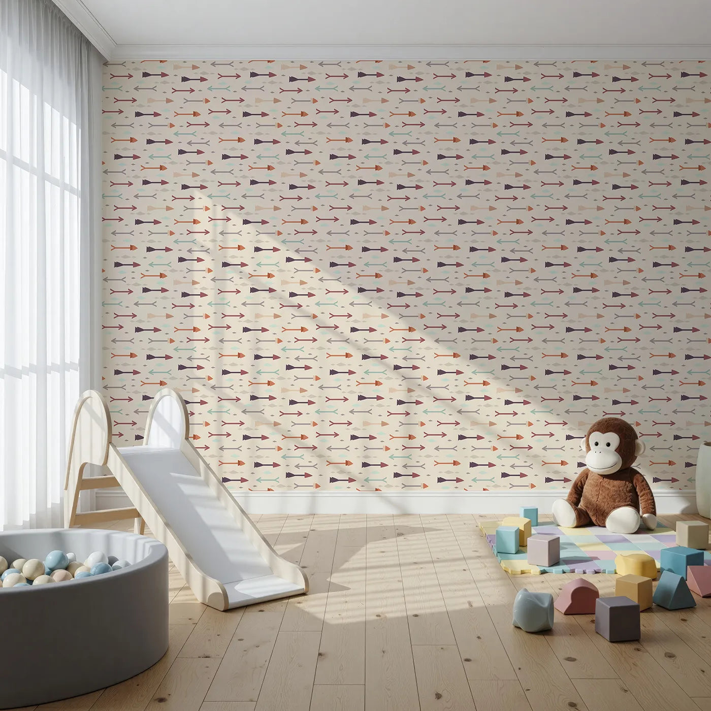 Front view of Whimsy Tots' Boho Arrow Trail Wallpaper in Oat Beige