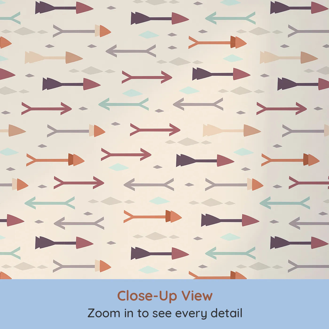 Close-up view of Whimsy Tots' Boho Arrow Trail Wallpaper in Oat Beige (W3154C).Soft arrows and diamond shapes create a warm desert rhythm.