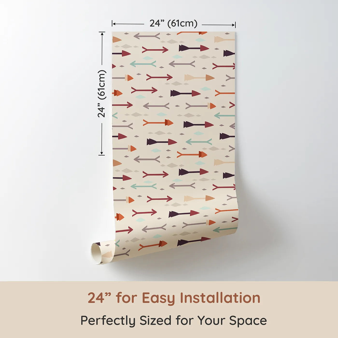 Dimension view of Whimsy Tots Boho Arrow Trail Wallpaper in Oat Beige (W3154C). Printed in 24-inch-wide panel for easy installation. Soft arrows and diamond shapes create a warm desert rhythm.