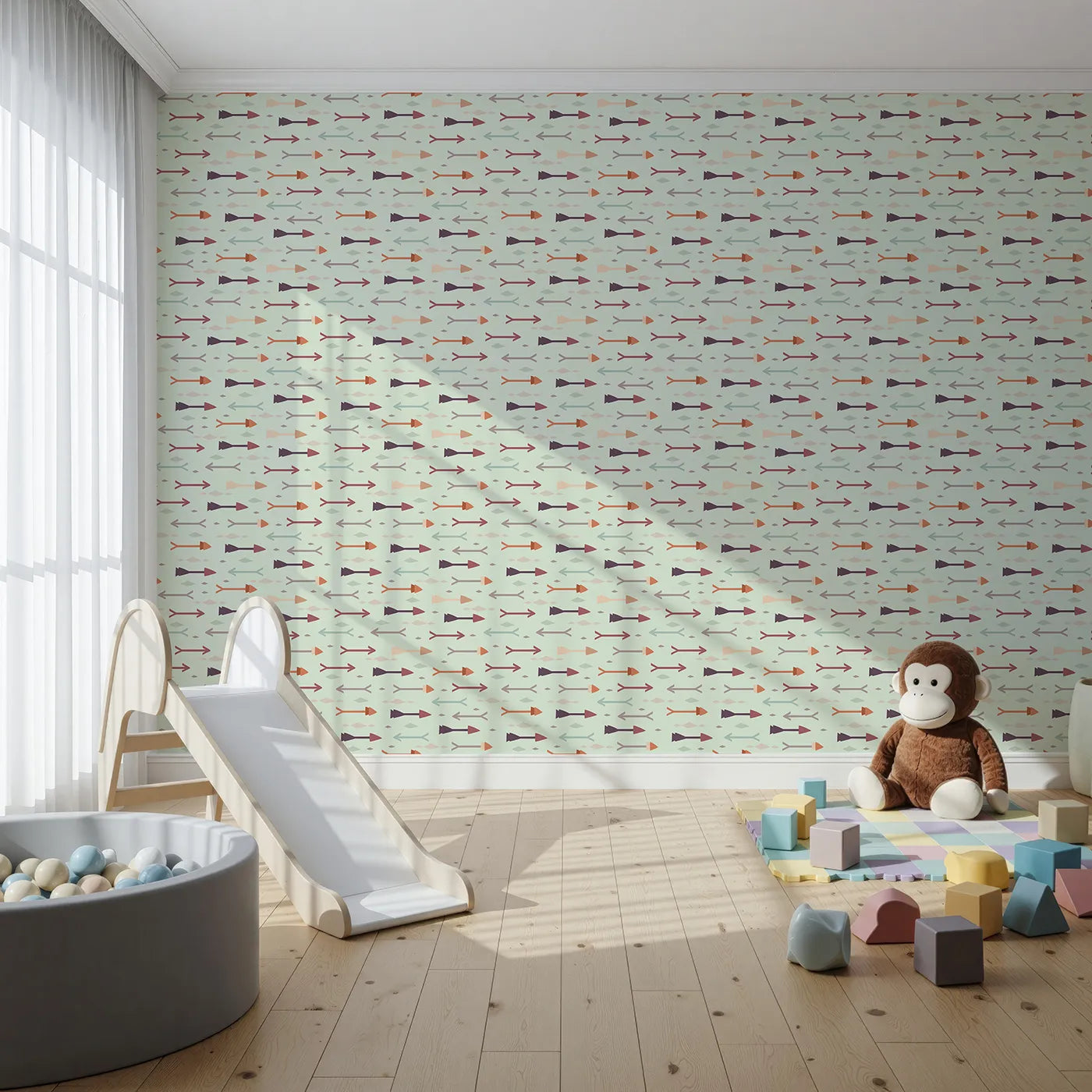 Front view of Whimsy Tots' Boho Arrow Trail Wallpaper in Mint Green