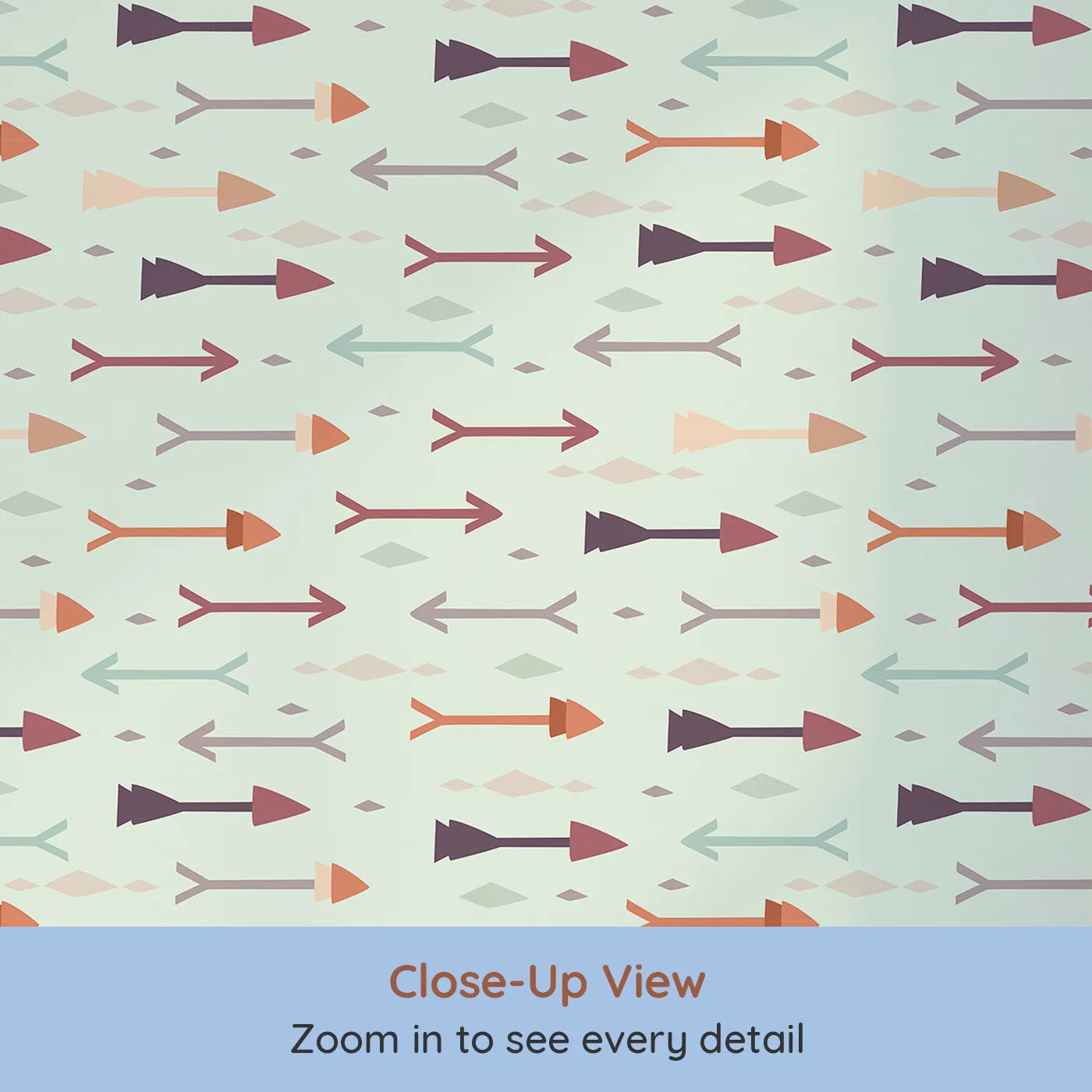 Close-up view of Whimsy Tots' Boho Arrow Trail Wallpaper in Mint Green (W3154D).Earthy arrows glide softly across a minty green breeze.