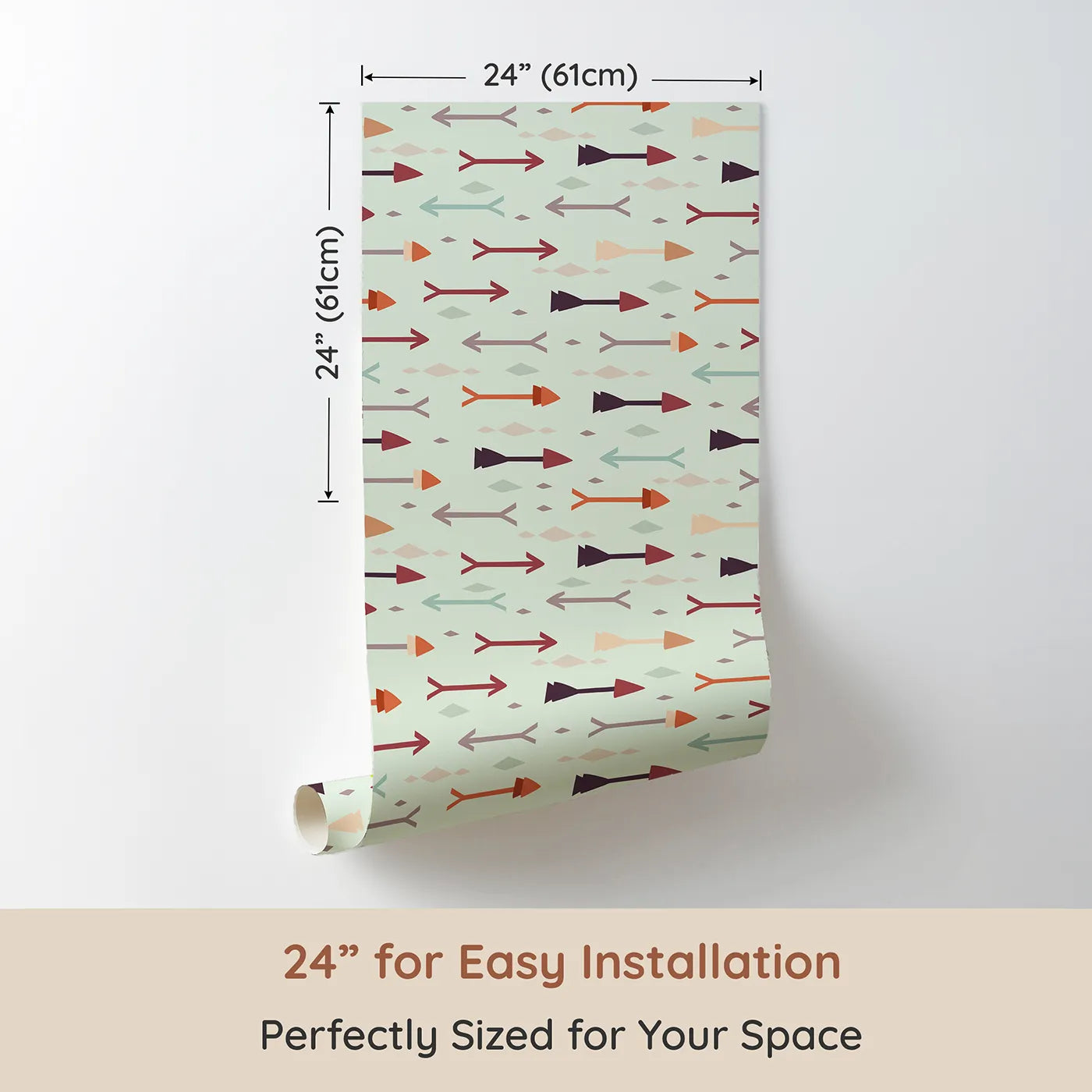 Dimension view of Whimsy Tots Boho Arrow Trail Wallpaper in Mint Green (W3154D). Printed in 24-inch-wide panel for easy installation. Earthy arrows glide softly across a minty green breeze.