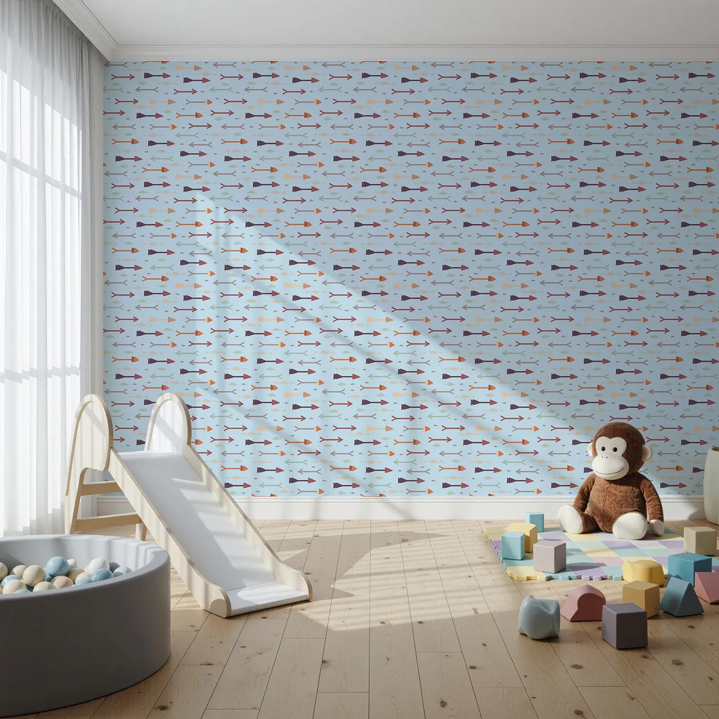 Front view of Whimsy Tots' Boho Arrow Trail Wallpaper in Soft Sky