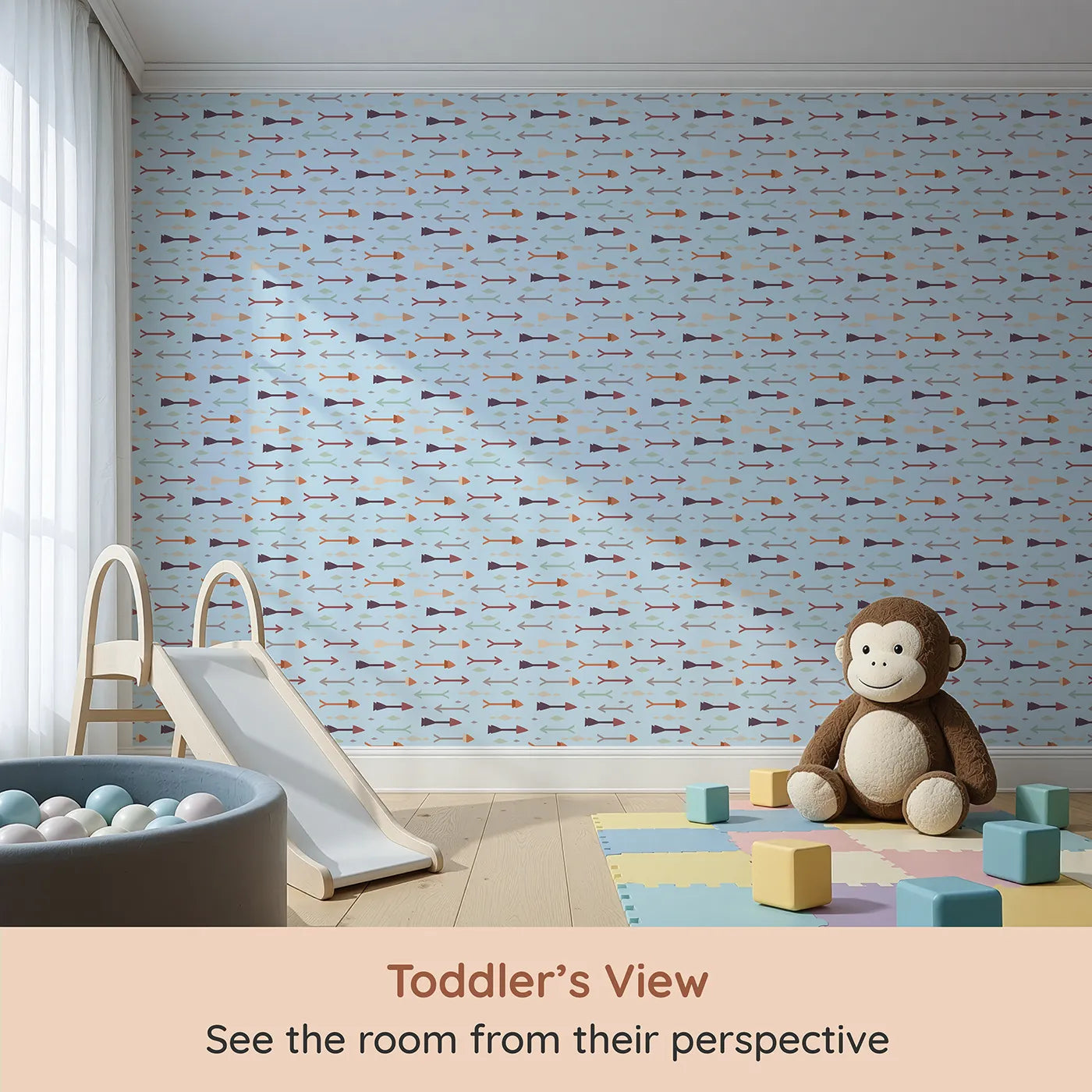 Whimsy Tots Boho Arrow Trail Wallpaper in Soft Sky (W3154E) from your child's view.Soft tribal arrows and diamonds float across a peaceful sky blue.