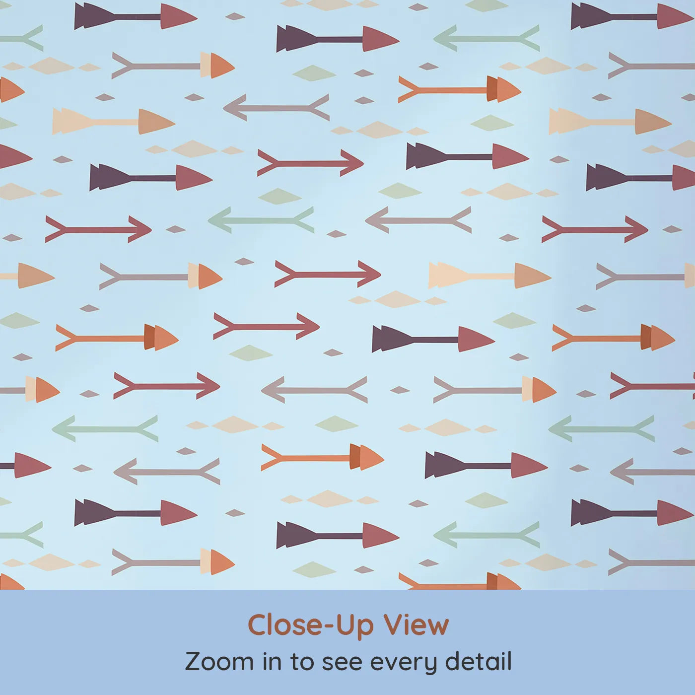 Close-up view of Whimsy Tots' Boho Arrow Trail Wallpaper in Soft Sky (W3154E).Soft tribal arrows and diamonds float across a peaceful sky blue.