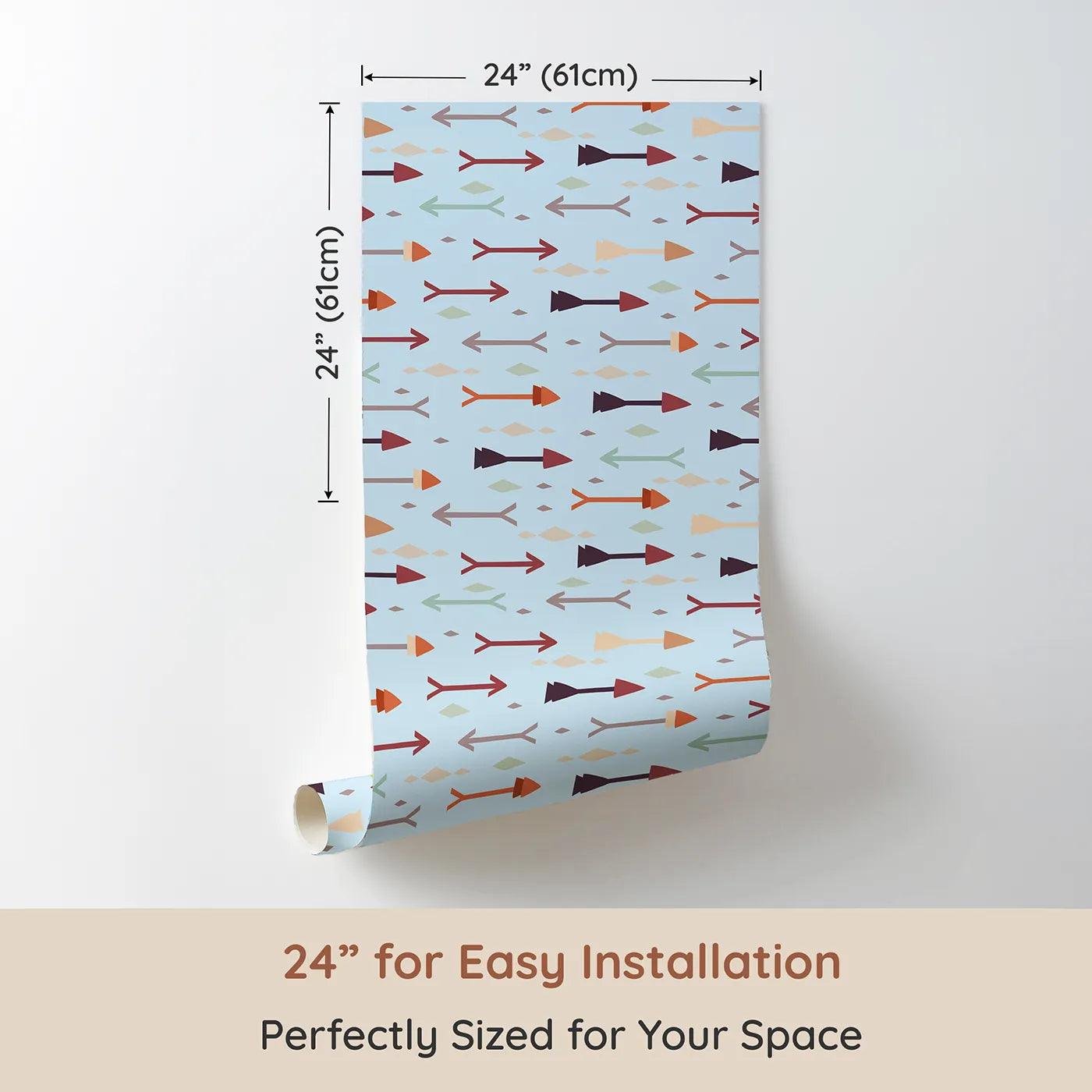 Dimension view of Whimsy Tots Boho Arrow Trail Wallpaper in Soft Sky (W3154E). Printed in 24-inch-wide panel for easy installation. Soft tribal arrows and diamonds float across a peaceful sky blue.