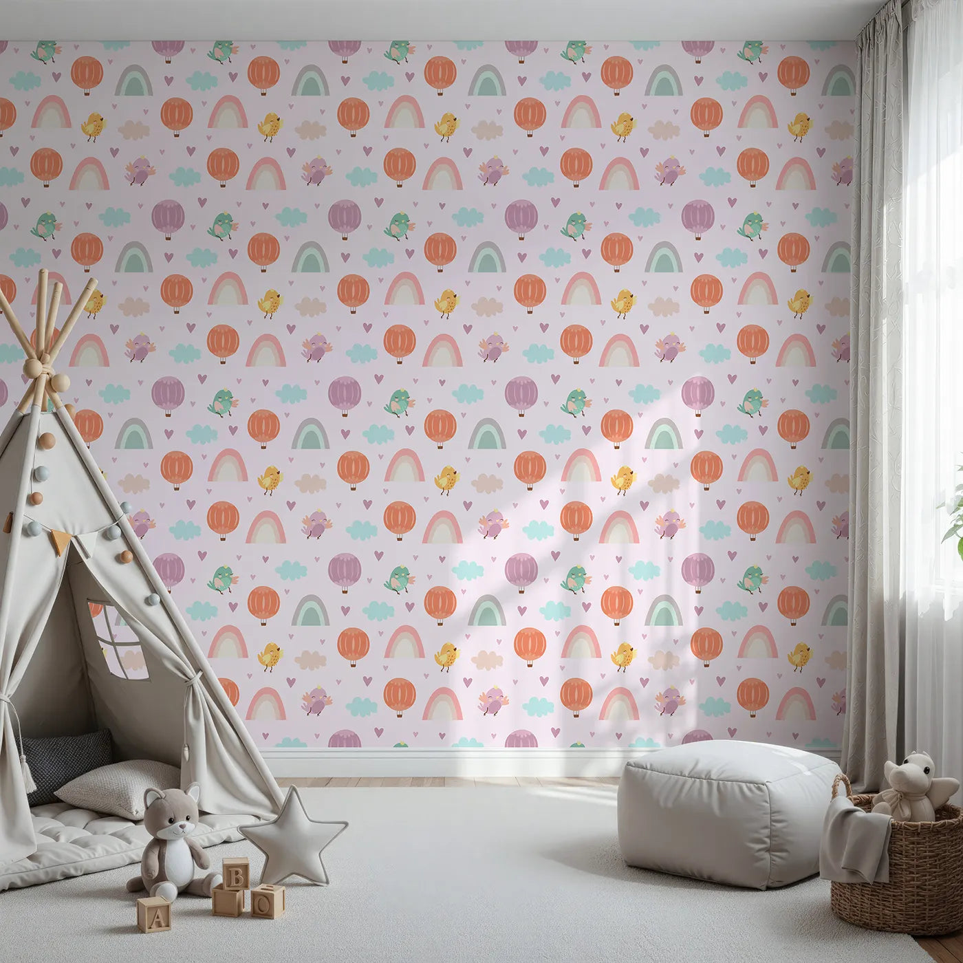 Front view of Whimsy Tots' Birdie Rainbow Float Parade Wallpaper in Blush Dream Pink
