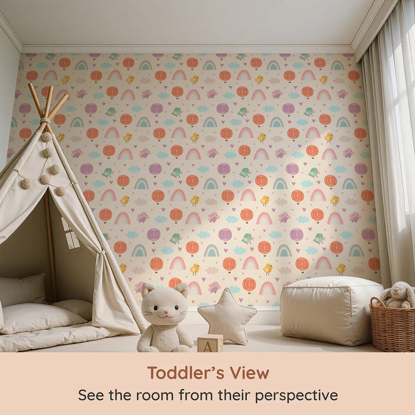 Whimsy Tots Birdie Rainbow Float Parade Wallpaper in Vanilla Glow (W3155B) from your child's view.Birdsong, rainbows, and pastel skies swirl in a light vanilla dream.