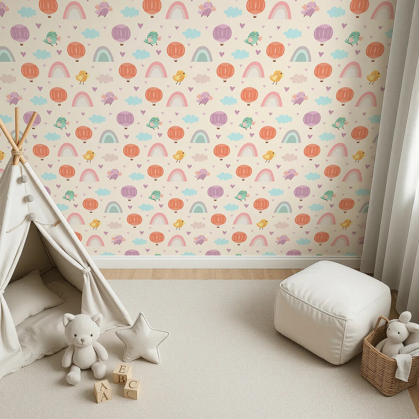 Top-Down view of Whimsy Tots' Birdie Rainbow Float Parade Wallpaper in Vanilla Glow (W3155B).Birdsong, rainbows, and pastel skies swirl in a light vanilla dream.