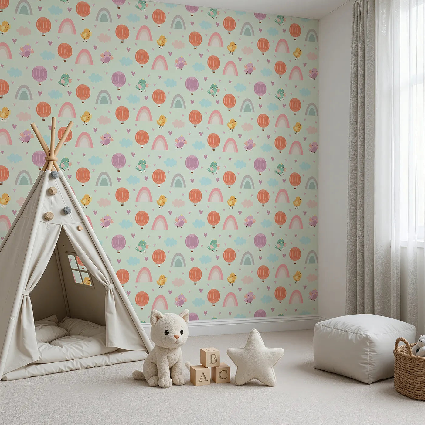 Angled view of Whimsy Tots' Birdie Rainbow Float Parade Wallpaper in Mint Daydream Green (W3155C).Pastel birds, hearts, and balloons drift across a minty sky of joy.