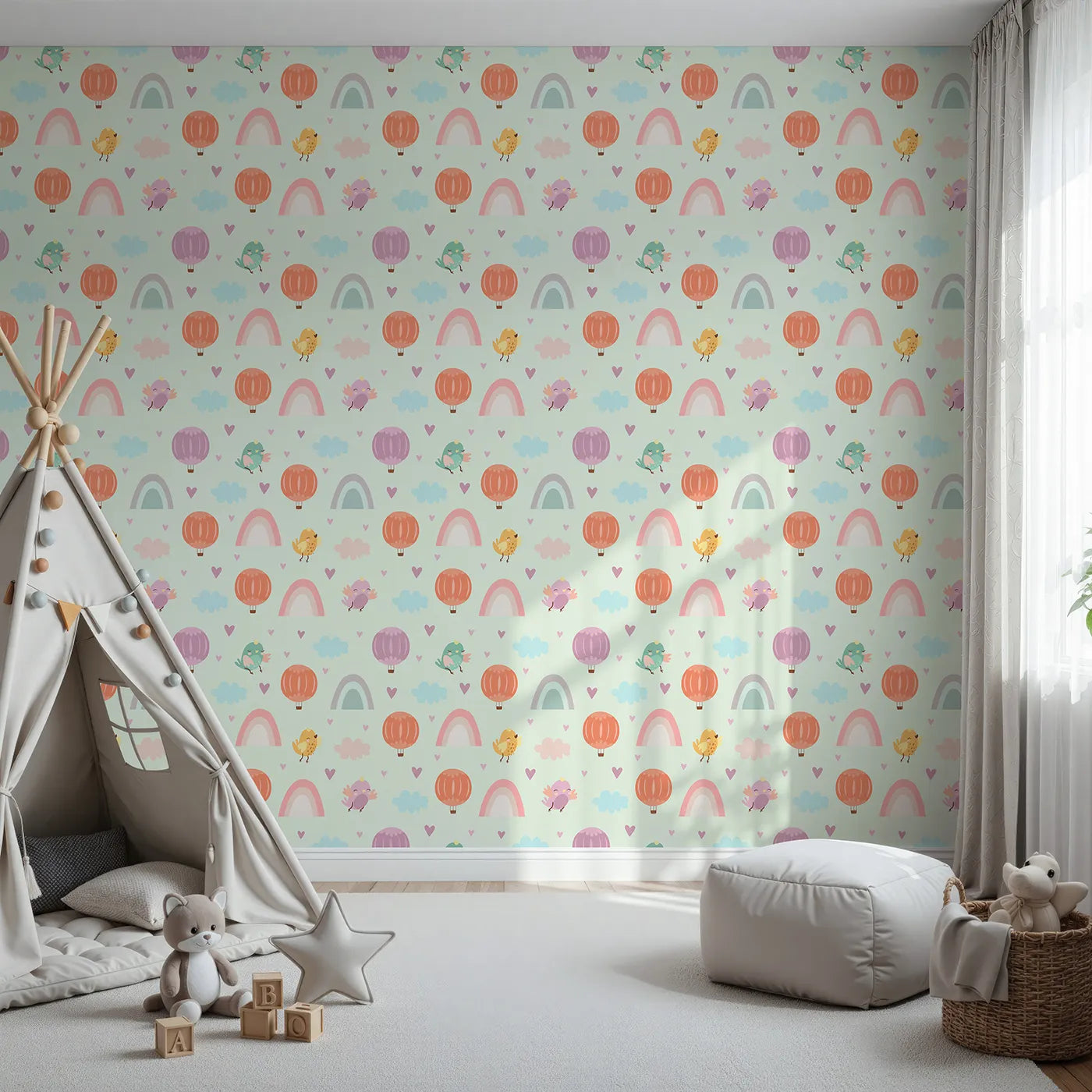 Front view of Whimsy Tots' Birdie Rainbow Float Parade Wallpaper in Mint Daydream Green