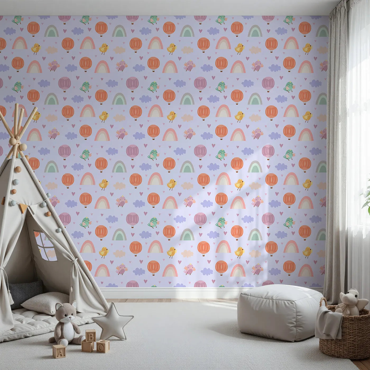 Front view of Whimsy Tots' Birdie Rainbow Float Parade Wallpaper in Lavender Daydream