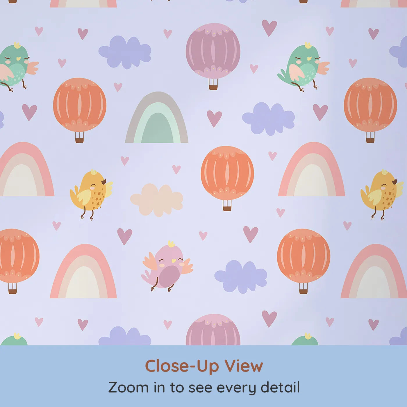 Close-up view of Whimsy Tots' Birdie Rainbow Float Parade Wallpaper in Lavender Daydream (W3155E).Lavender clouds and feathered friends bring quiet joy to pastel skies.