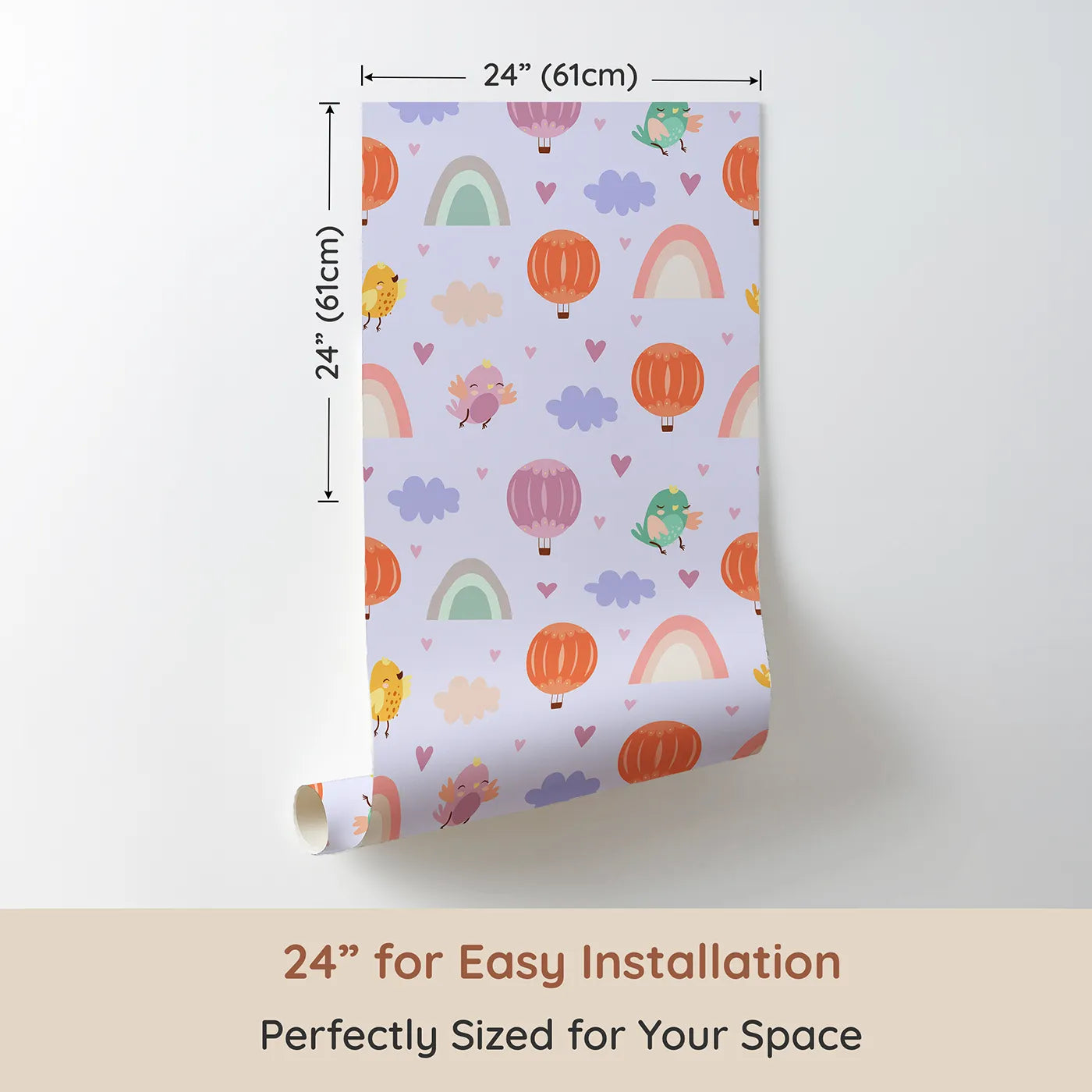 Dimension view of Whimsy Tots Birdie Rainbow Float Parade Wallpaper in Lavender Daydream (W3155E). Printed in 24-inch-wide panel for easy installation. Lavender clouds and feathered friends bring quiet joy to pastel skies.