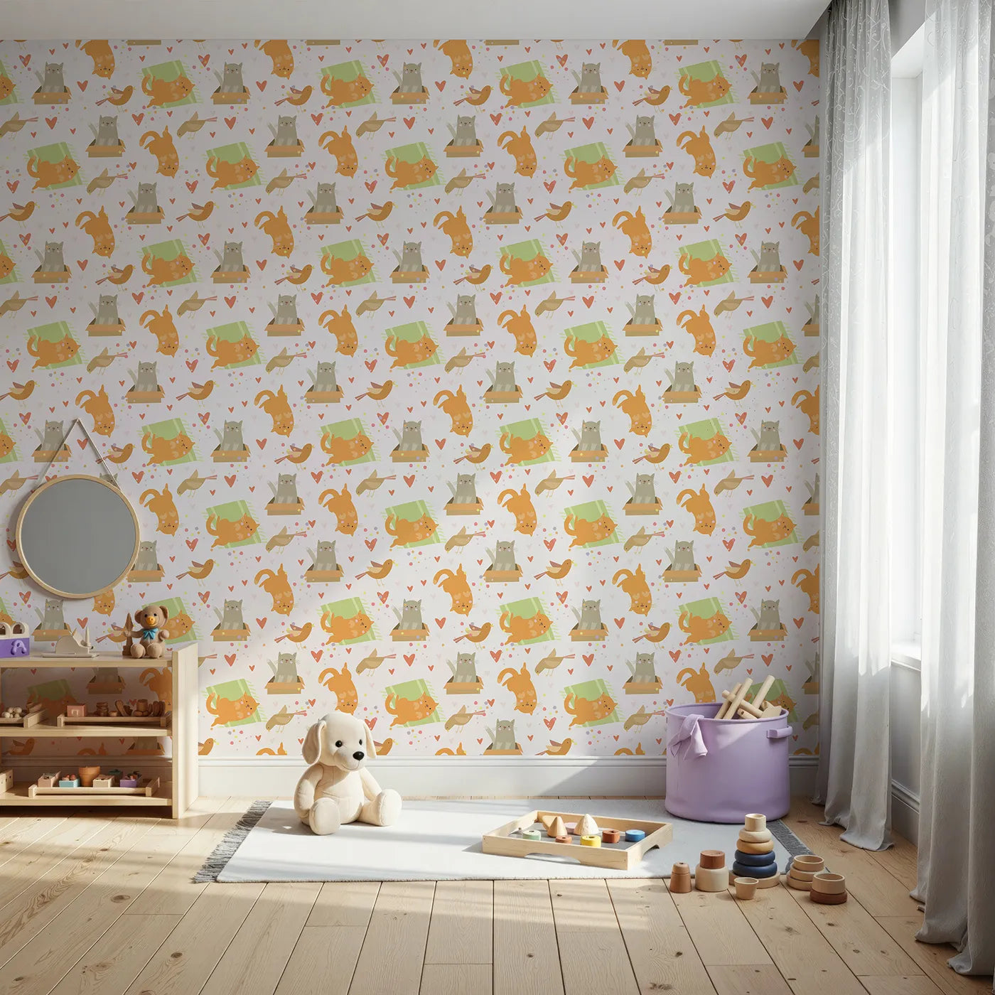 Front view of Whimsy Tots' Catnap and Chirp Parade Wallpaper in Cream