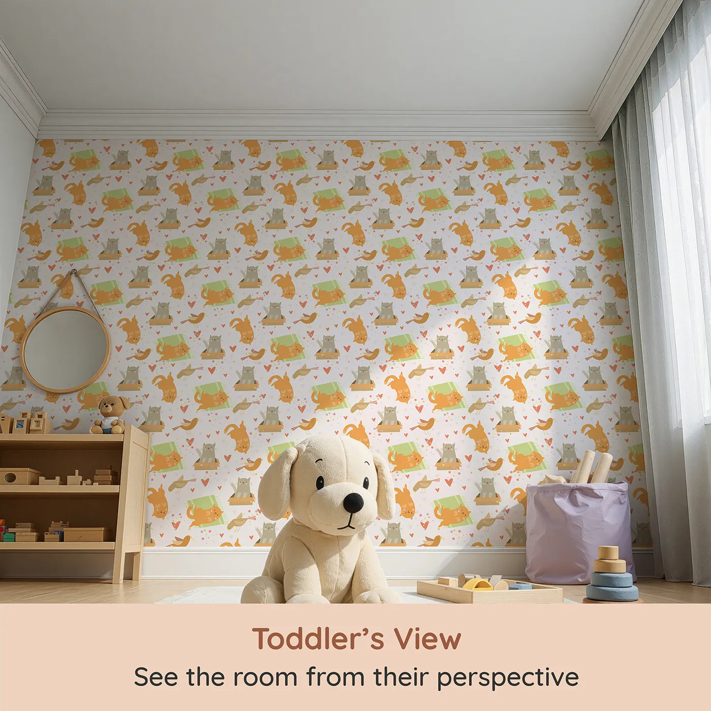 Whimsy Tots Catnap and Chirp Parade Wallpaper in Cream (W3156A) from your child's view.Playful kitties and cheerful birds bring soft giggles and pastel joy.