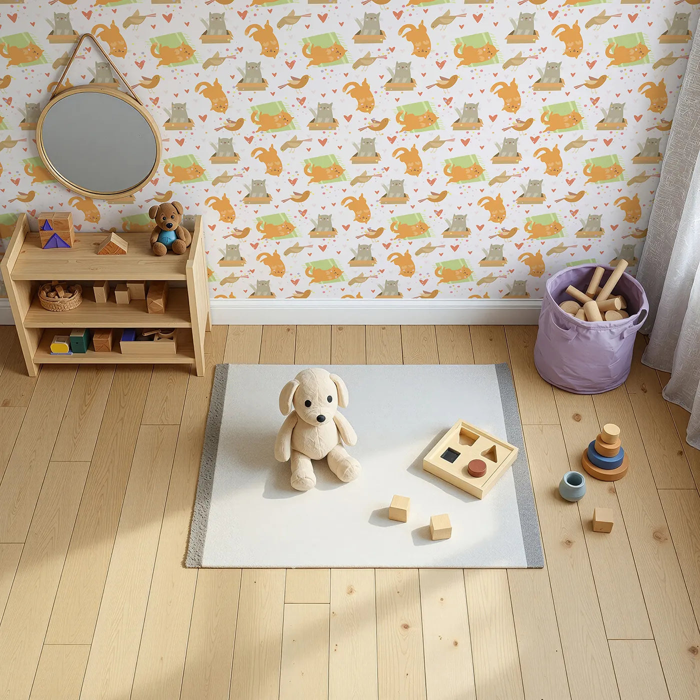 Top-Down view of Whimsy Tots' Catnap and Chirp Parade Wallpaper in Cream (W3156A).Playful kitties and cheerful birds bring soft giggles and pastel joy.