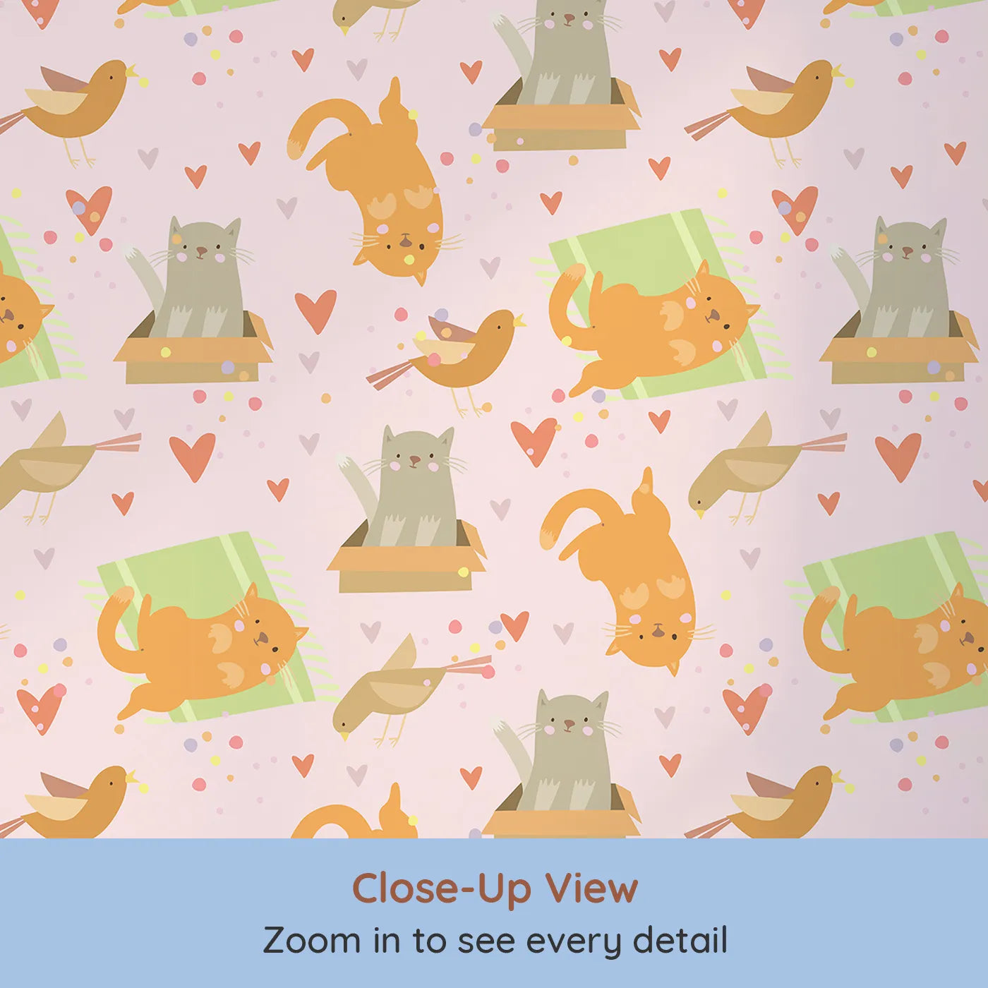 Close-up view of Whimsy Tots' Catnap and Chirp Parade Wallpaper in Blush Pink (W3156B).Kittens and birds share a pastel party filled with heartful joy.