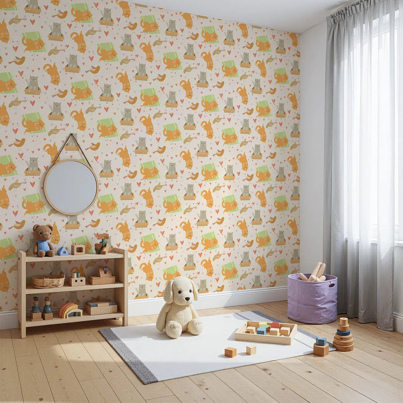 Angled view of Whimsy Tots' Catnap and Chirp Parade Wallpaper in Beige (W3156C).Curious cats and joyful birds bring playful charm to a cozy beige sky.