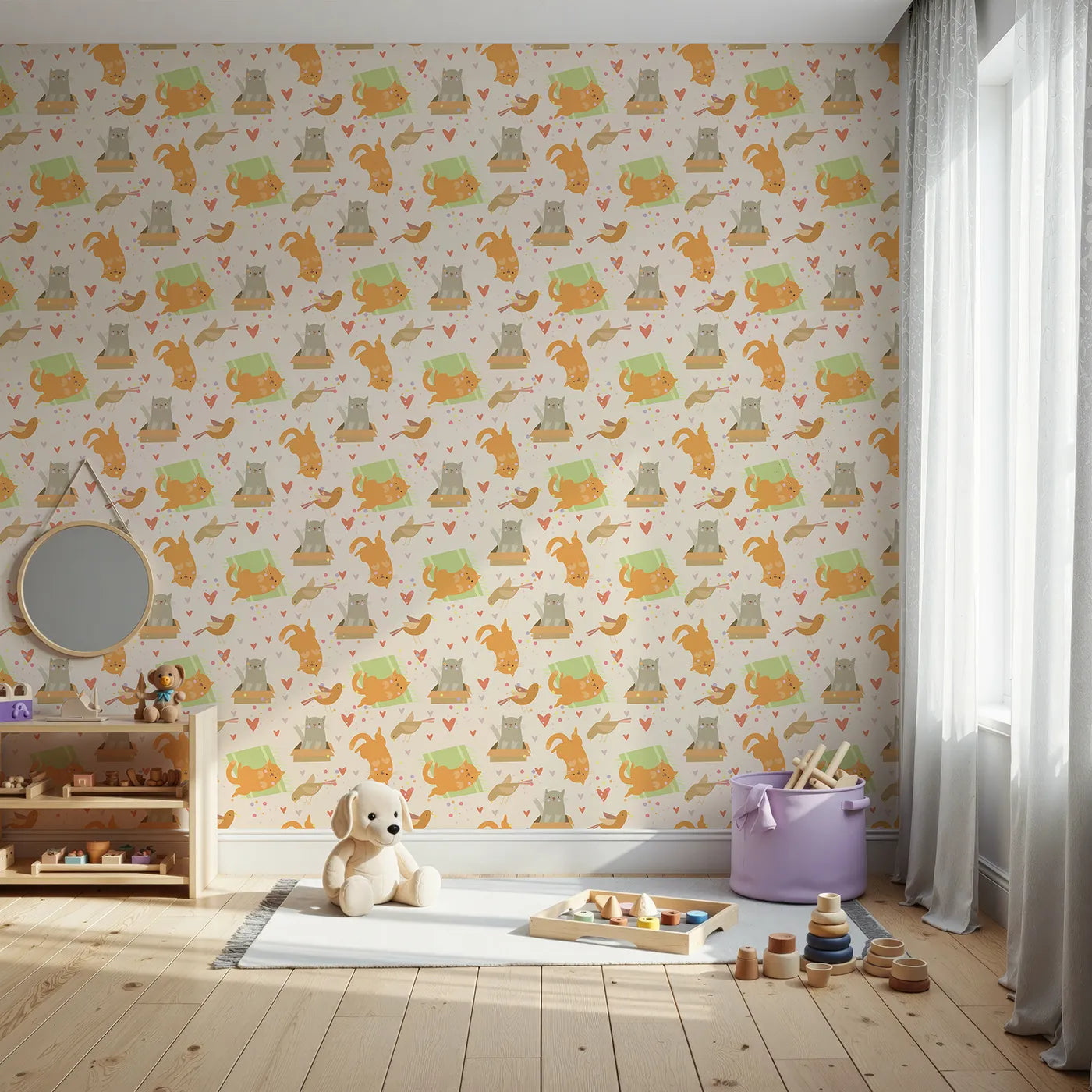 Front view of Whimsy Tots' Catnap and Chirp Parade Wallpaper in Beige