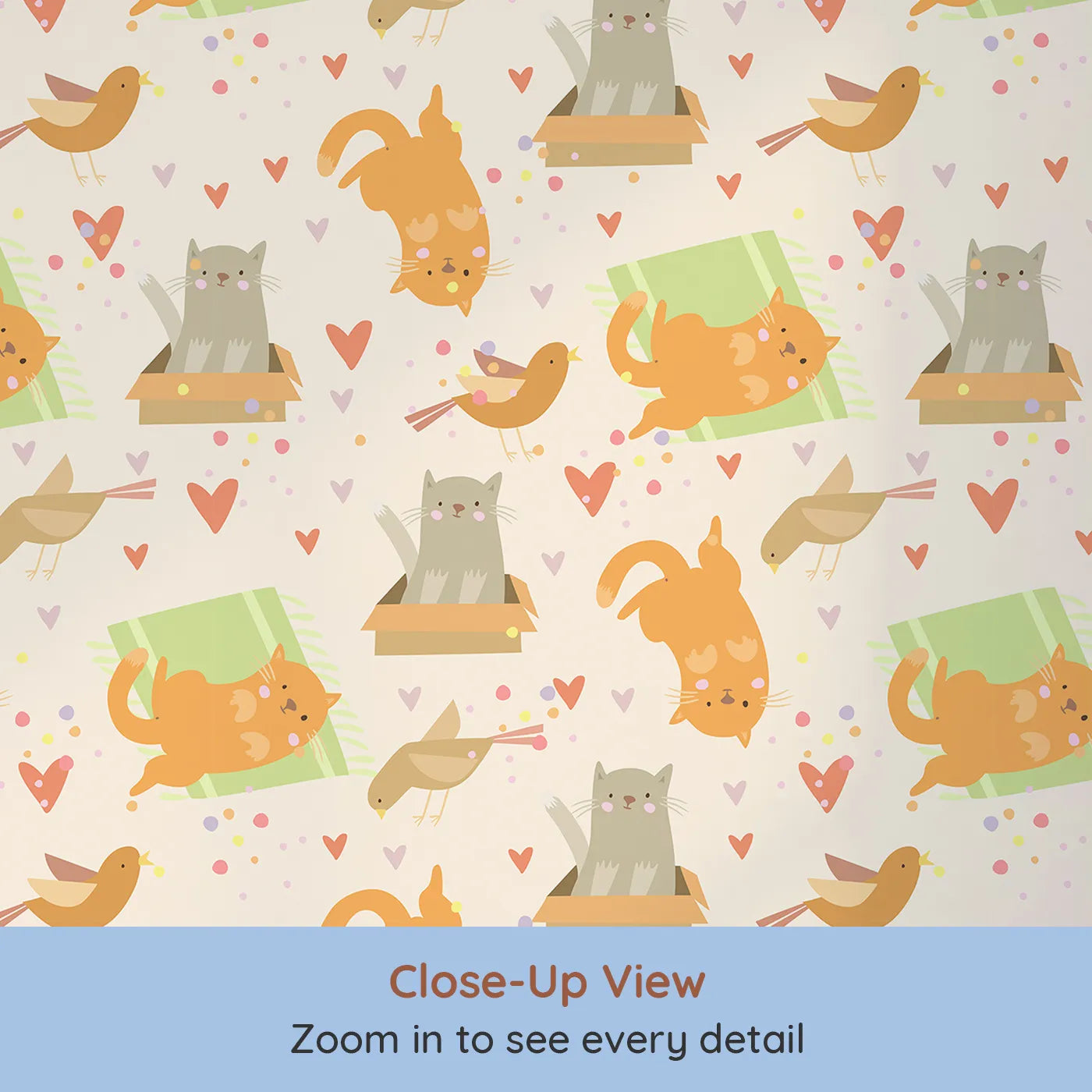Close-up view of Whimsy Tots' Catnap and Chirp Parade Wallpaper in Beige (W3156C).Curious cats and joyful birds bring playful charm to a cozy beige sky.