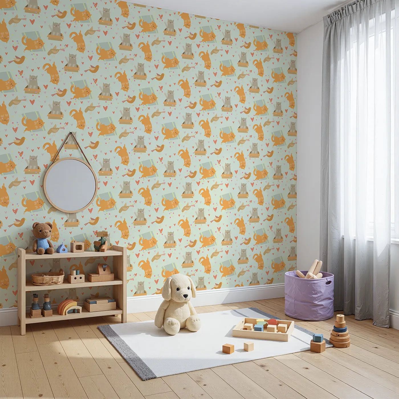 Angled view of Whimsy Tots' Catnap and Chirp Parade Wallpaper in Mint Green (W3156D).Silly kitties and chirping birds bring gentle joy across a minty sky.