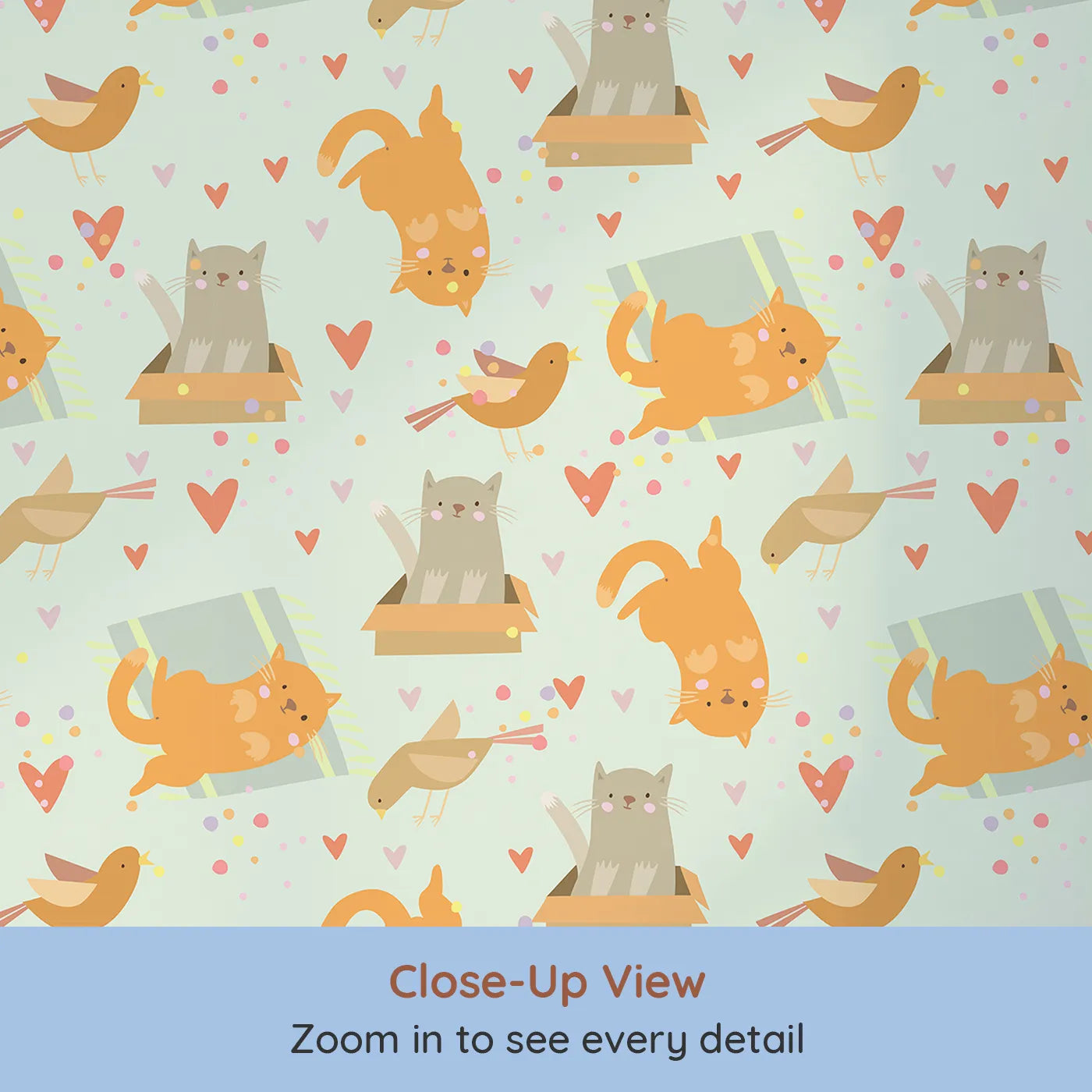 Close-up view of Whimsy Tots' Catnap and Chirp Parade Wallpaper in Mint Green (W3156D).Silly kitties and chirping birds bring gentle joy across a minty sky.