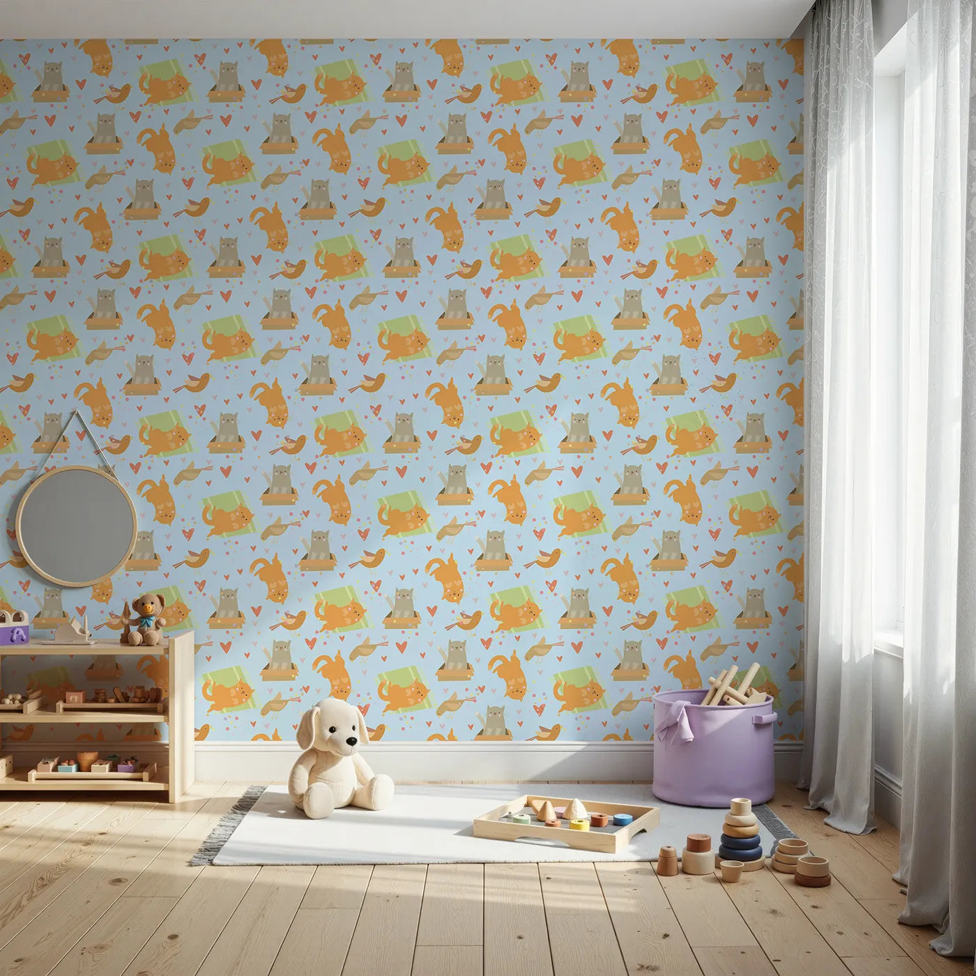Front view of Whimsy Tots' Catnap and Chirp Parade Wallpaper in Blue
