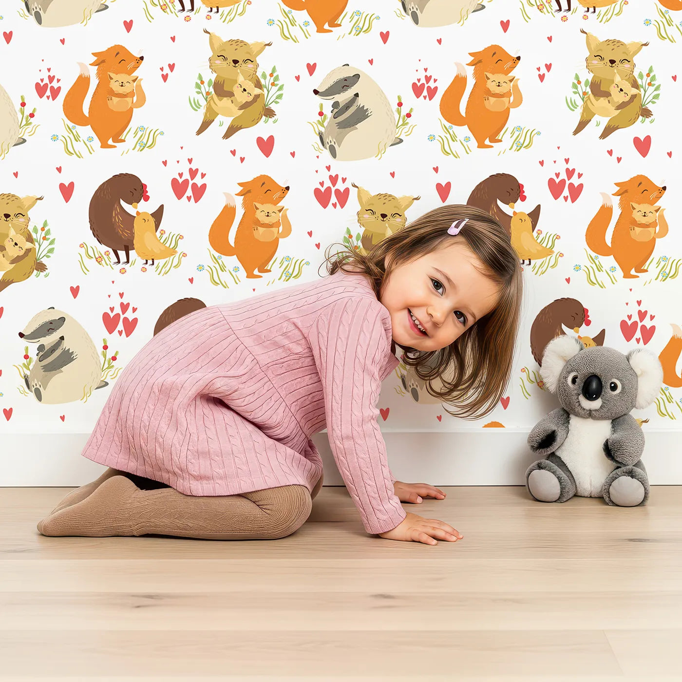 Lovely child standing in front of Whimsy Tots Cuddle Buddies Parade Wallpaper in White with fox, bird, badger, cat, heart, flower in design.