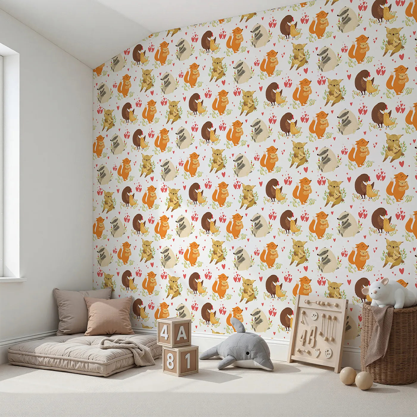 Angled view of Whimsy Tots' Cuddle Buddies Parade Wallpaper in White (W3157A).Gentle animal pairs share cuddles in a meadow of hearts.