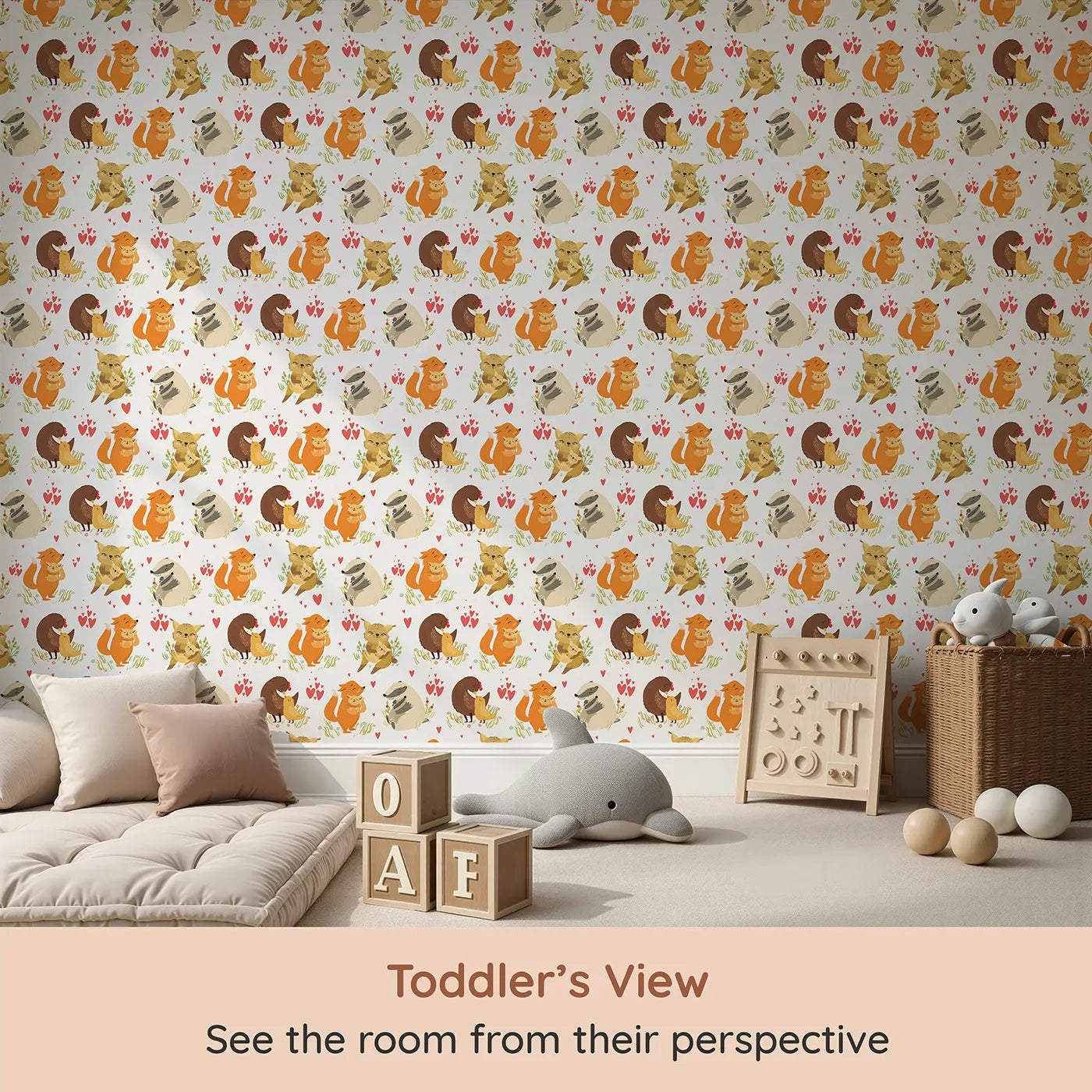 Whimsy Tots Cuddle Buddies Parade Wallpaper in White (W3157A) from your child's view.Gentle animal pairs share cuddles in a meadow of hearts.