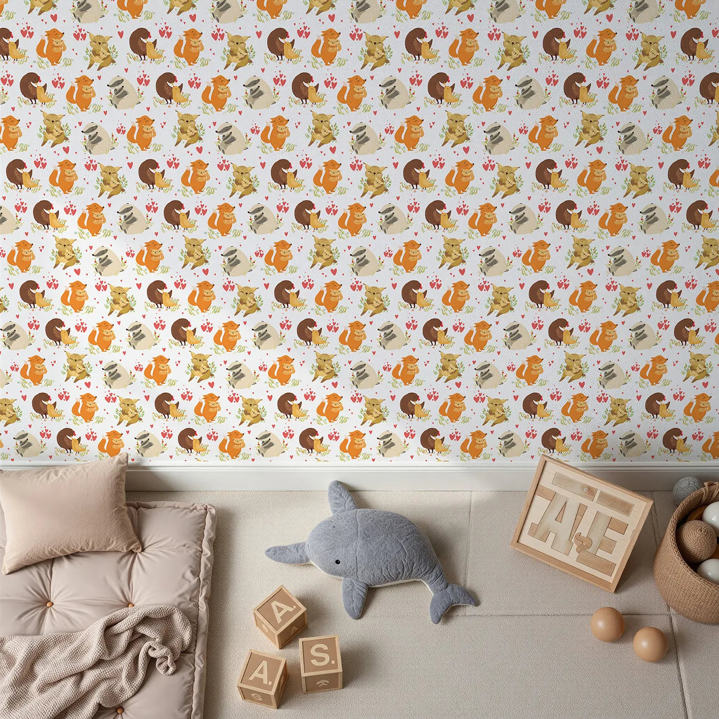 Top-Down view of Whimsy Tots' Cuddle Buddies Parade Wallpaper in White (W3157A).Gentle animal pairs share cuddles in a meadow of hearts.