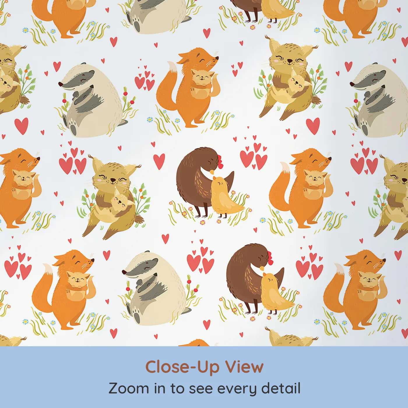 Close-up view of Whimsy Tots' Cuddle Buddies Parade Wallpaper in White (W3157A).Gentle animal pairs share cuddles in a meadow of hearts.