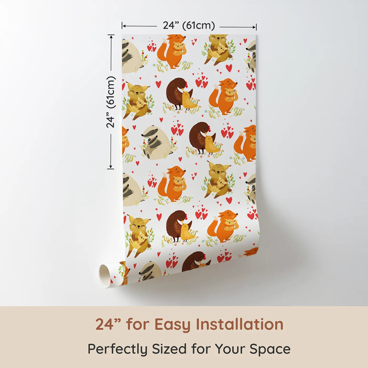 Dimension view of Whimsy Tots Cuddle Buddies Parade Wallpaper in White (W3157A). Printed in 24-inch-wide panel for easy installation. Gentle animal pairs share cuddles in a meadow of hearts.