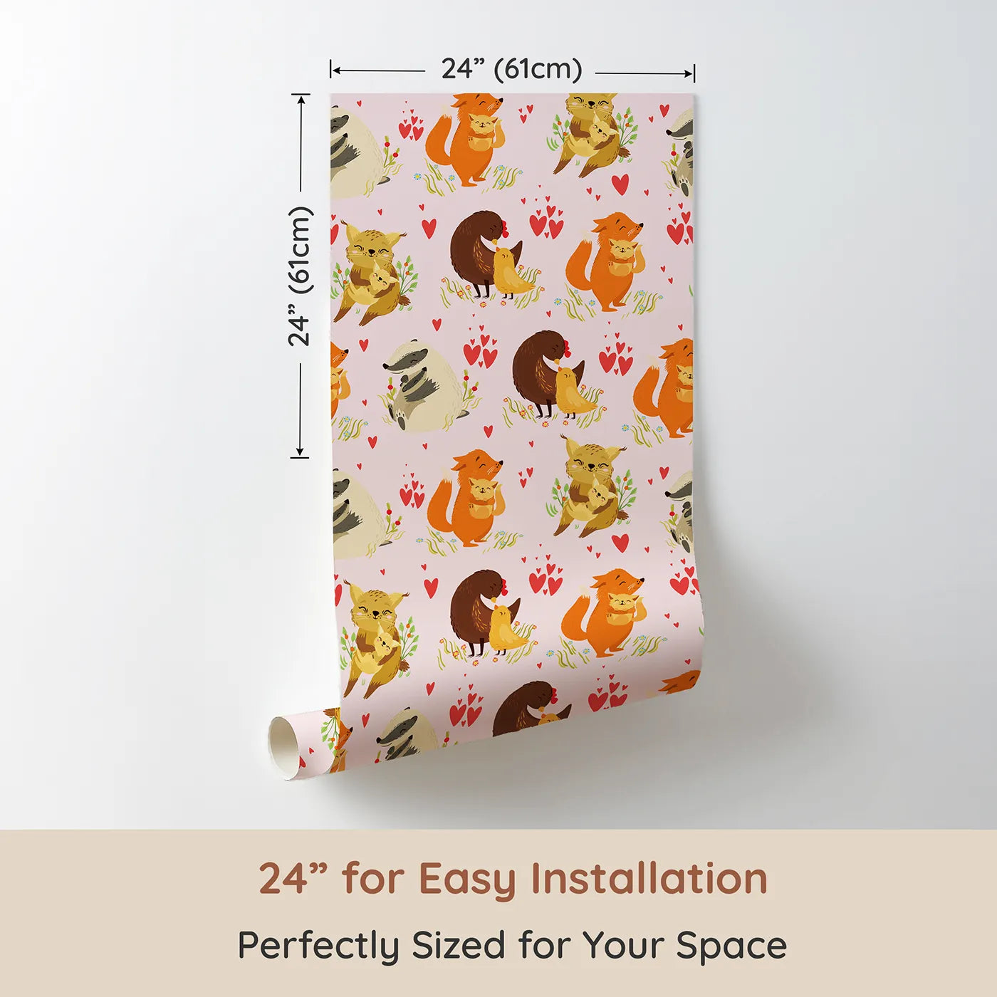 Dimension view of Whimsy Tots Cuddle Buddies Parade Wallpaper in Blush Pink (W3157B). Printed in 24-inch-wide panel for easy installation. Loving animal pairs share gentle cuddles across a pink field of joy.