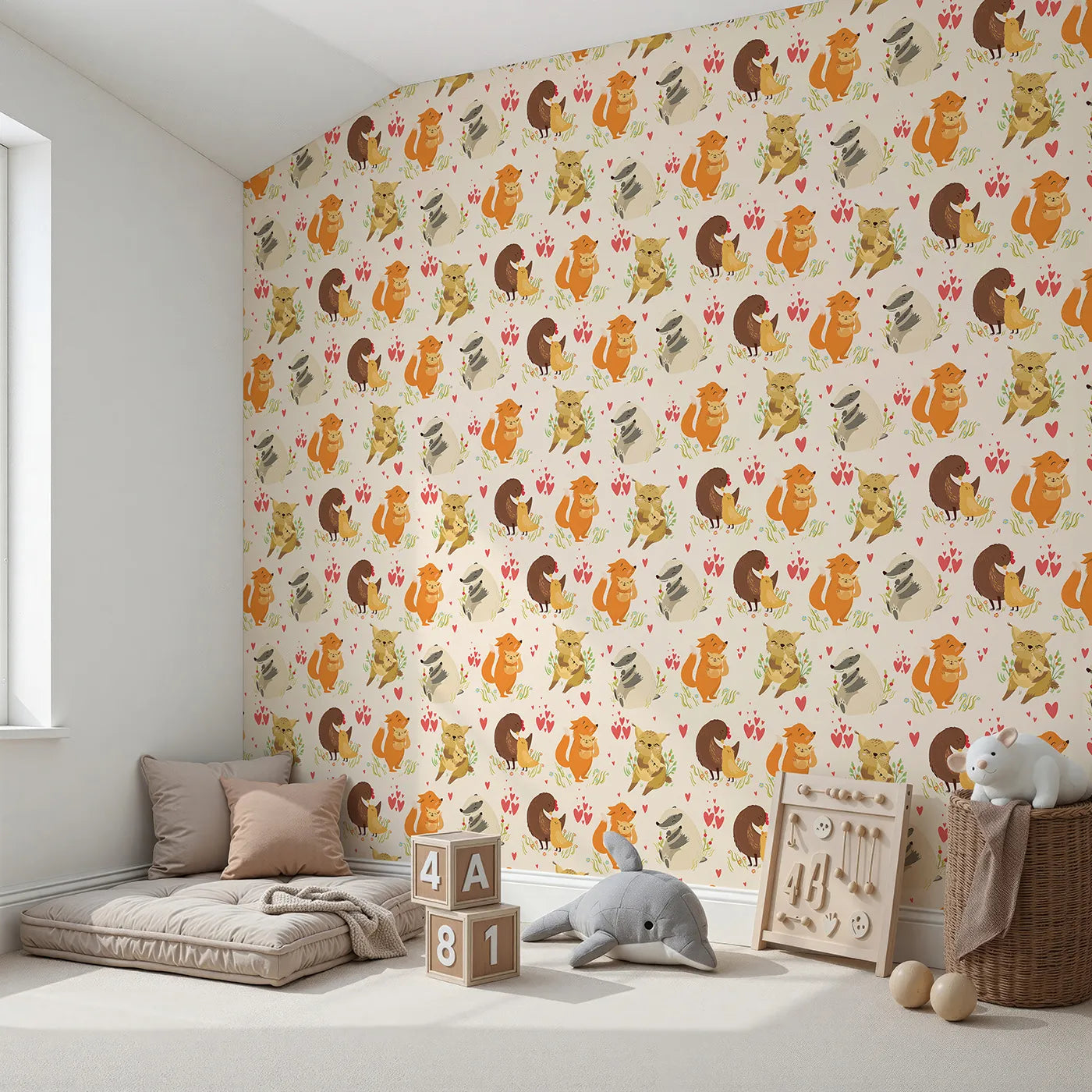 Angled view of Whimsy Tots' Cuddle Buddies Parade Wallpaper in Cream (W3157C).Tender forest friends cuddle under a sky of hearts and wildflowers.