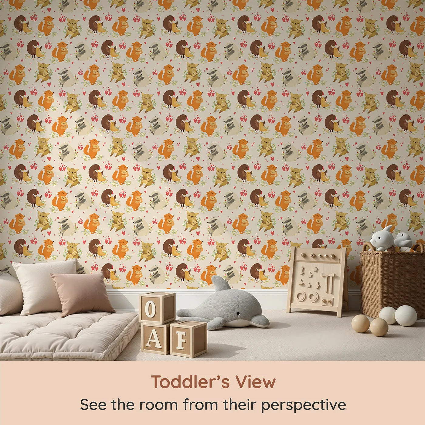 Whimsy Tots Cuddle Buddies Parade Wallpaper in Cream (W3157C) from your child's view.Tender forest friends cuddle under a sky of hearts and wildflowers.