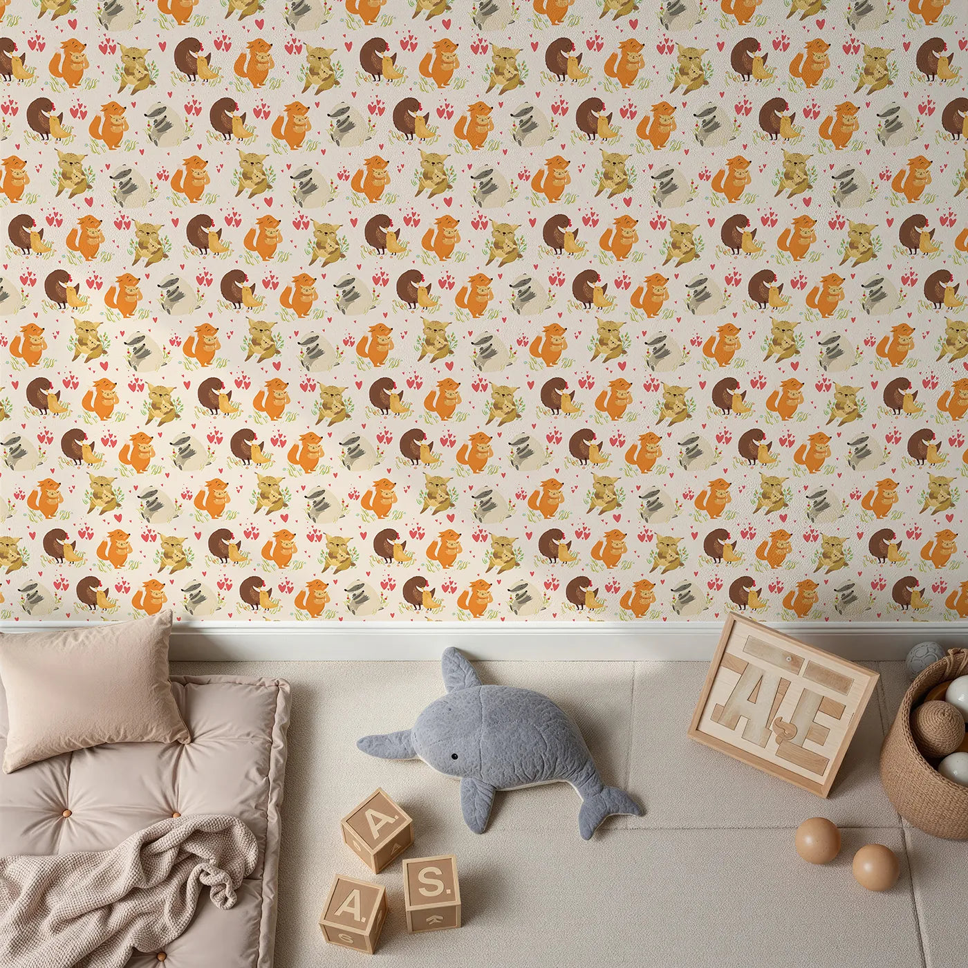 Top-Down view of Whimsy Tots' Cuddle Buddies Parade Wallpaper in Cream (W3157C).Tender forest friends cuddle under a sky of hearts and wildflowers.