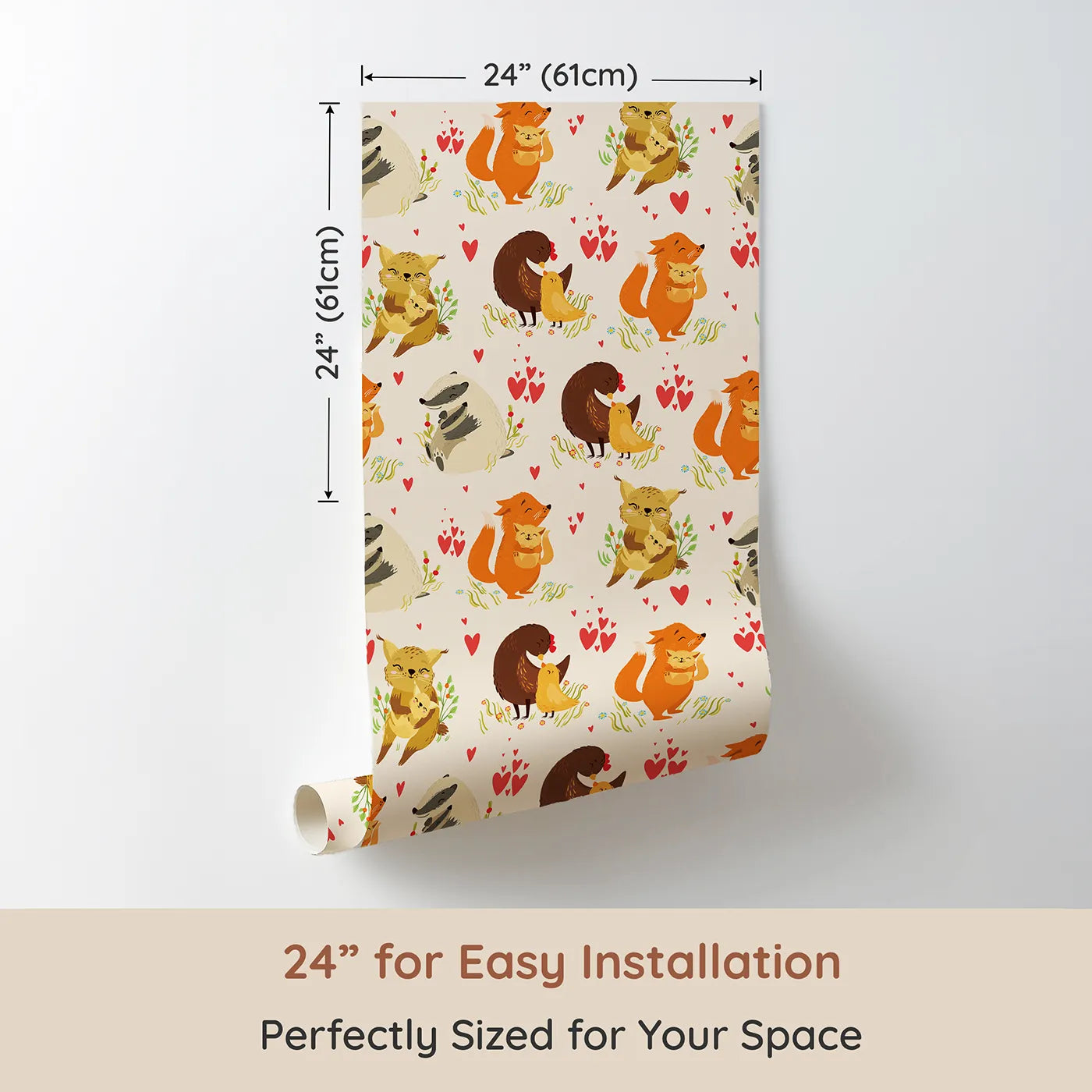 Dimension view of Whimsy Tots Cuddle Buddies Parade Wallpaper in Cream (W3157C). Printed in 24-inch-wide panel for easy installation. Tender forest friends cuddle under a sky of hearts and wildflowers.