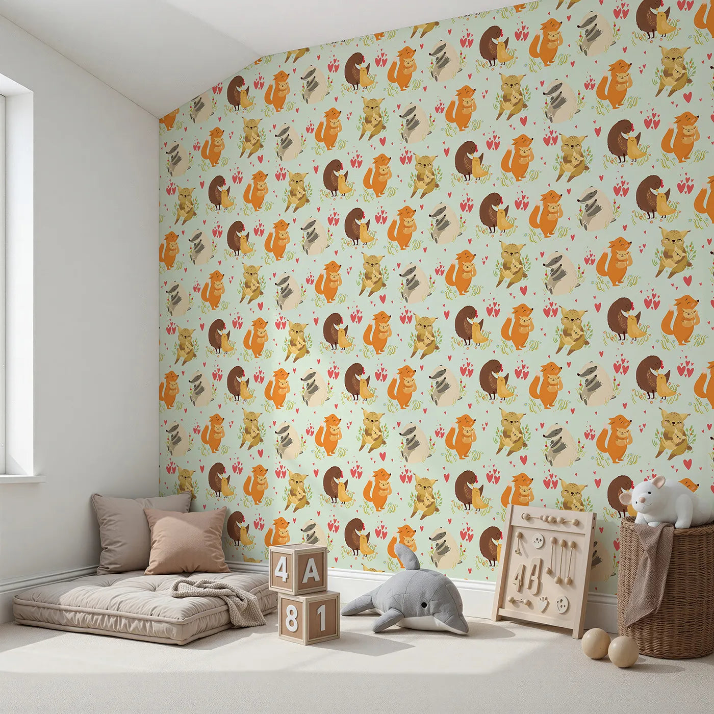 Angled view of Whimsy Tots' Cuddle Buddies Parade Wallpaper in Mint Green (W3157D).Cuddly woodland pairs bring warmth to a breezy mint meadow.