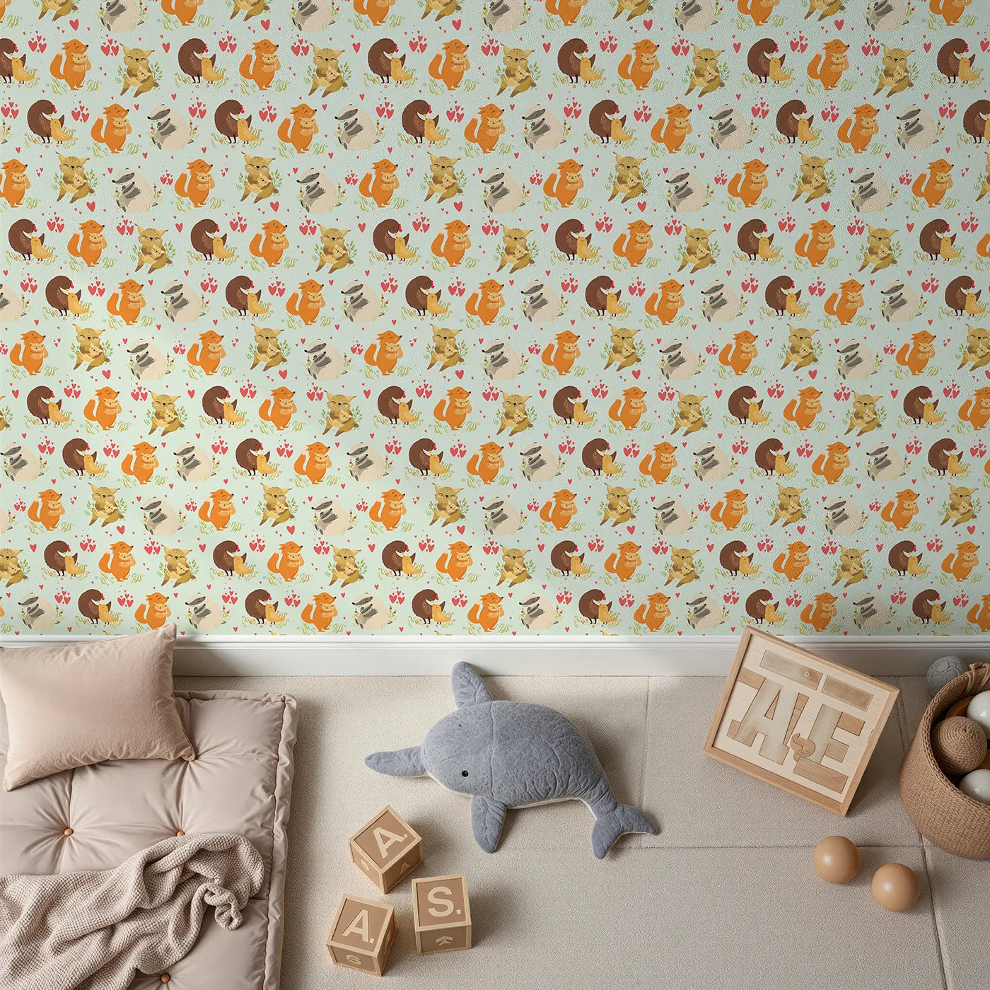 Top-Down view of Whimsy Tots' Cuddle Buddies Parade Wallpaper in Mint Green (W3157D).Cuddly woodland pairs bring warmth to a breezy mint meadow.