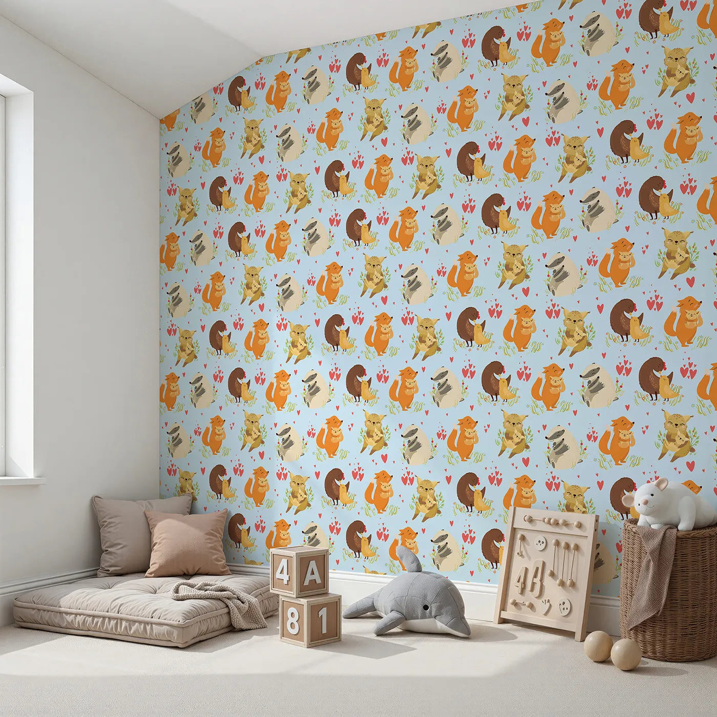 Angled view of Whimsy Tots' Cuddle Buddies Parade Wallpaper in Blue (W3157E).Gentle woodland creatures share hugs across a cheerful blue field.