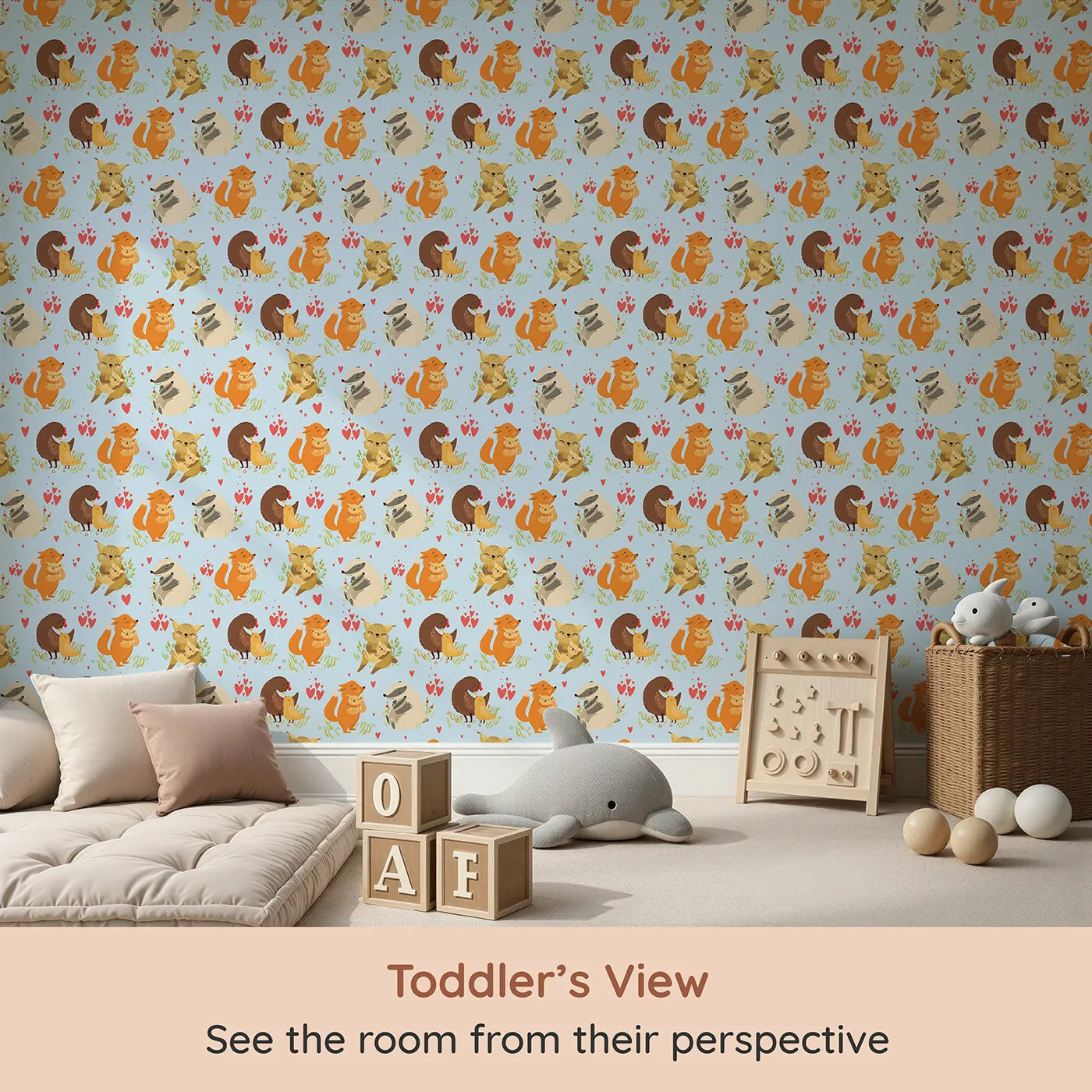 Whimsy Tots Cuddle Buddies Parade Wallpaper in Blue (W3157E) from your child's view.Gentle woodland creatures share hugs across a cheerful blue field.