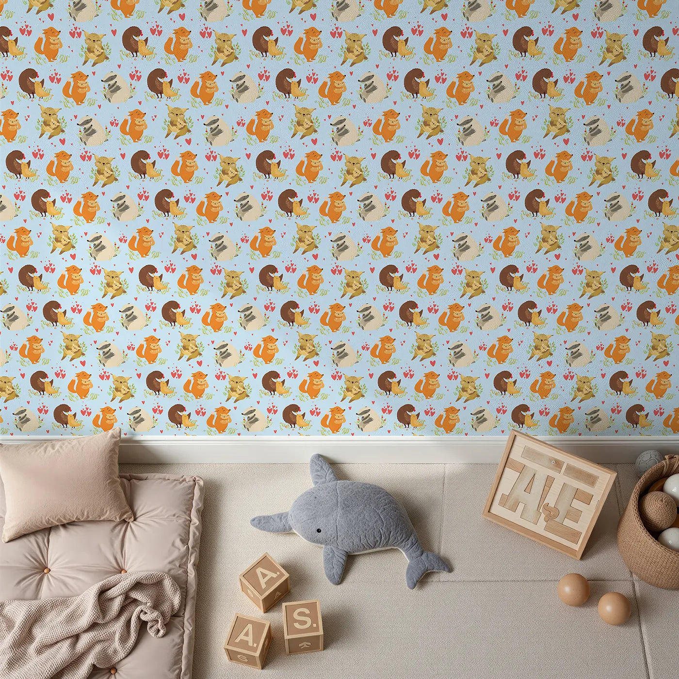 Top-Down view of Whimsy Tots' Cuddle Buddies Parade Wallpaper in Blue (W3157E).Gentle woodland creatures share hugs across a cheerful blue field.