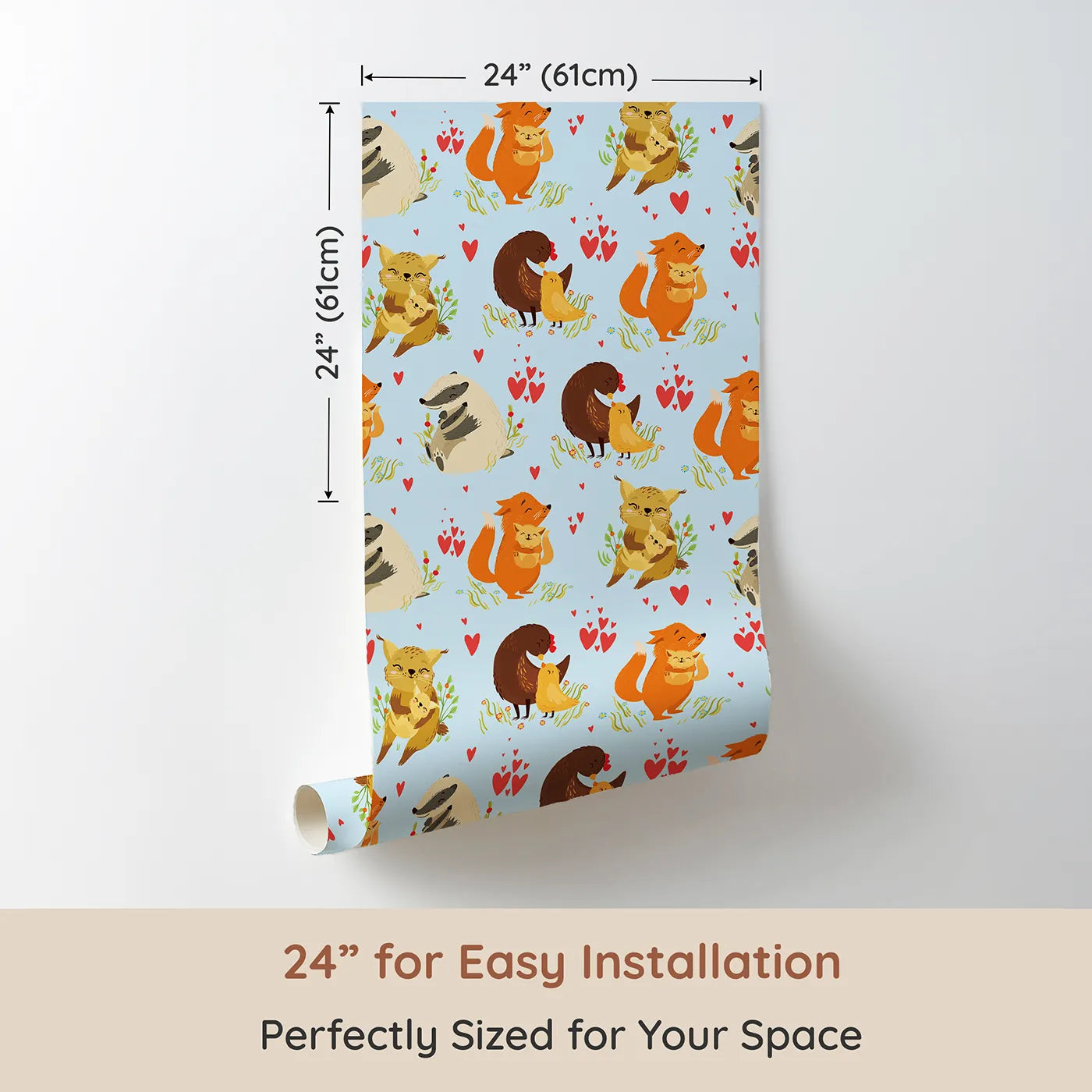 Dimension view of Whimsy Tots Cuddle Buddies Parade Wallpaper in Blue (W3157E). Printed in 24-inch-wide panel for easy installation. Gentle woodland creatures share hugs across a cheerful blue field.